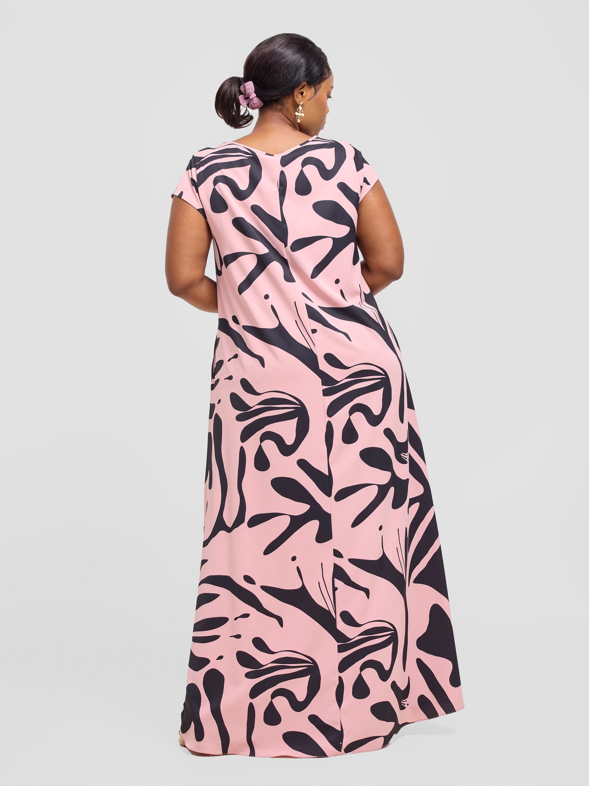 Vivo Basic Cap Sleeve Maxi Tent Dress - Blush Pink / Black Zari Print