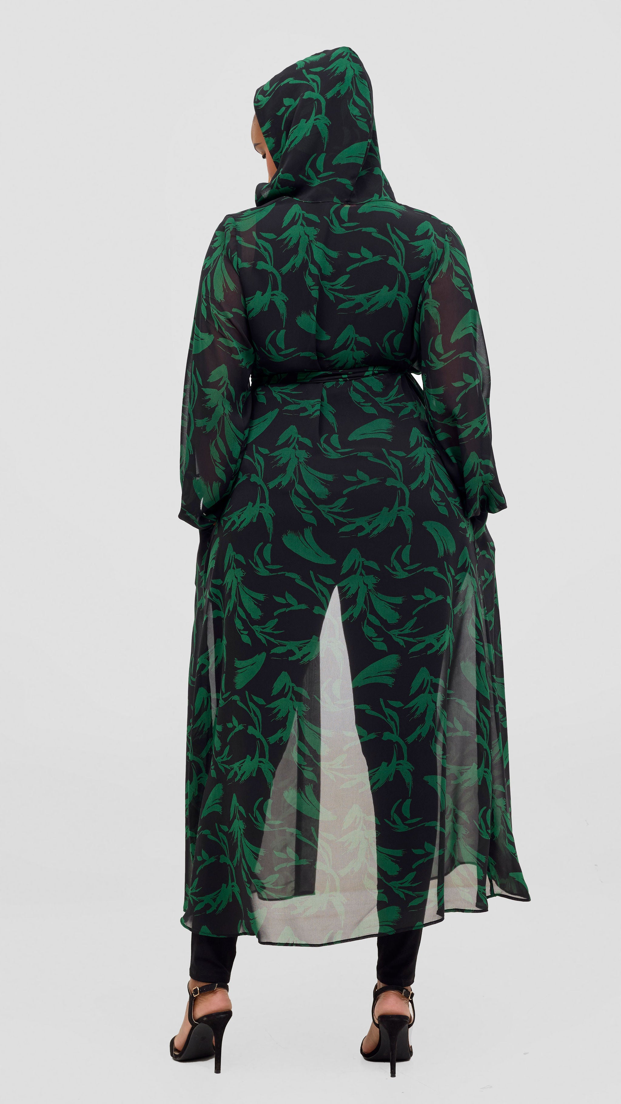 Vivo Basic Hooded Kimono - Black / Green Flowers Print