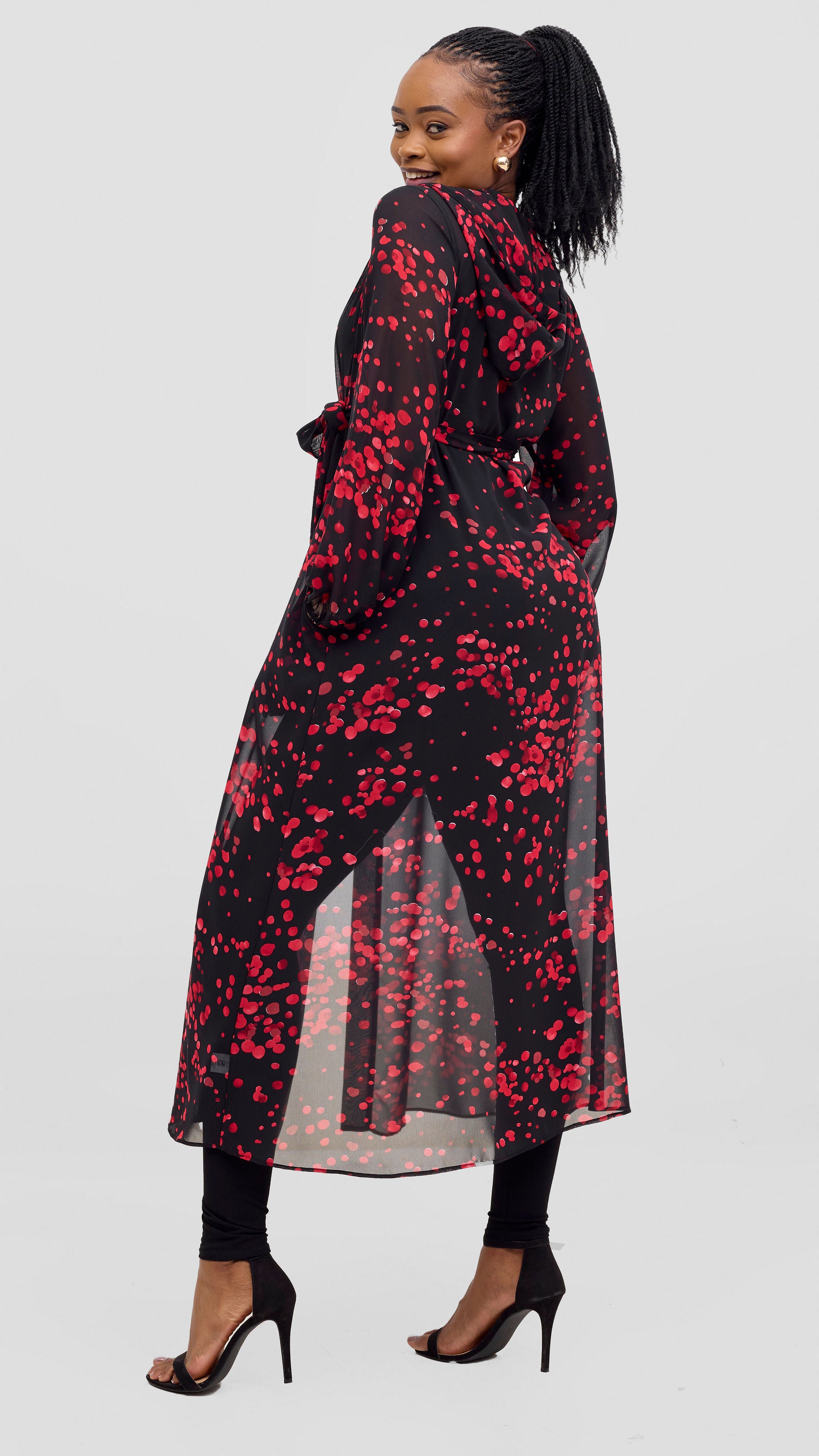 Vivo Basic Hooded Kimono - Black / Red Flowers Print