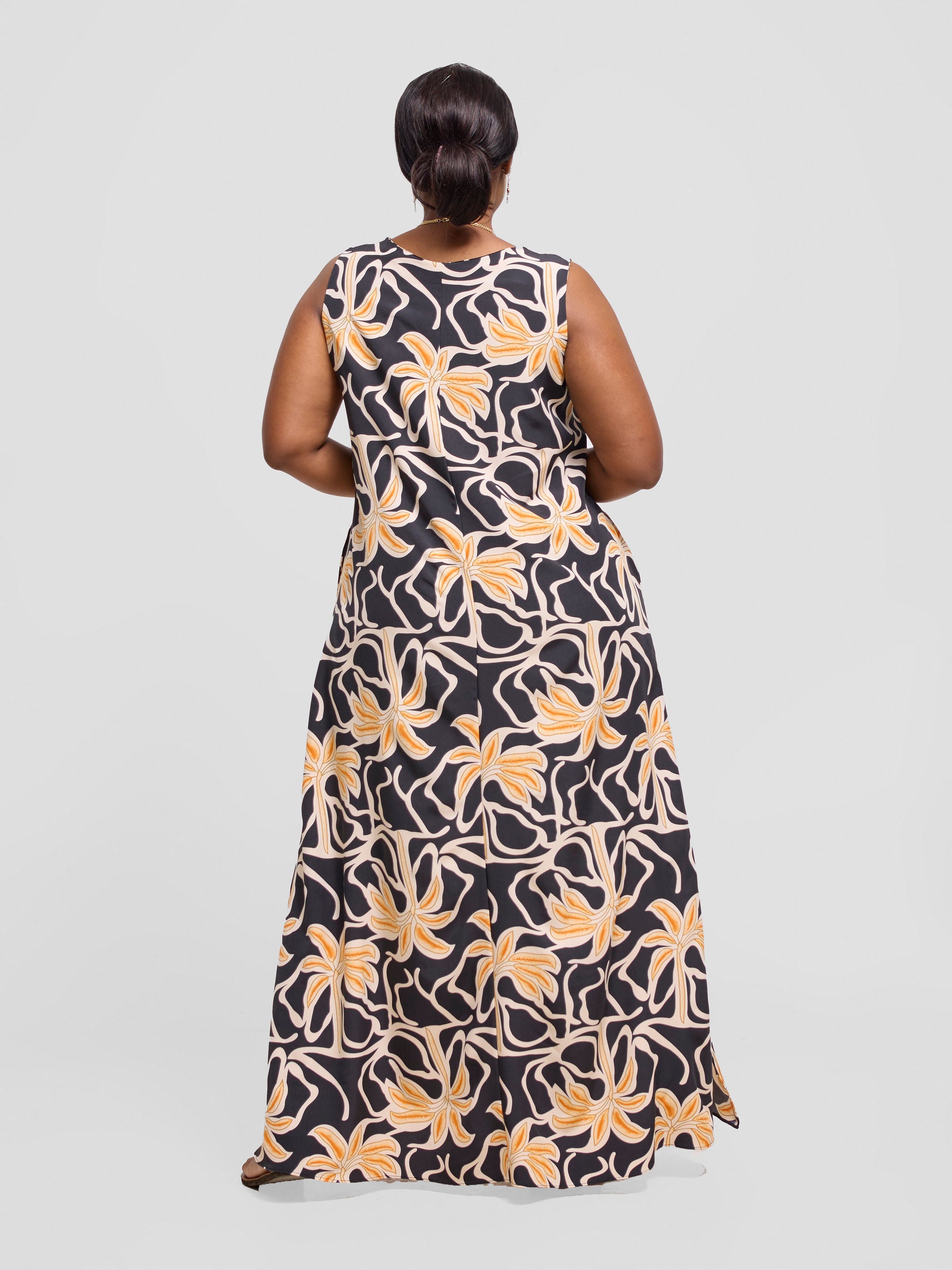 Vivo Ava Front Pleat Maxi Dress - Orange / Black Ala Print