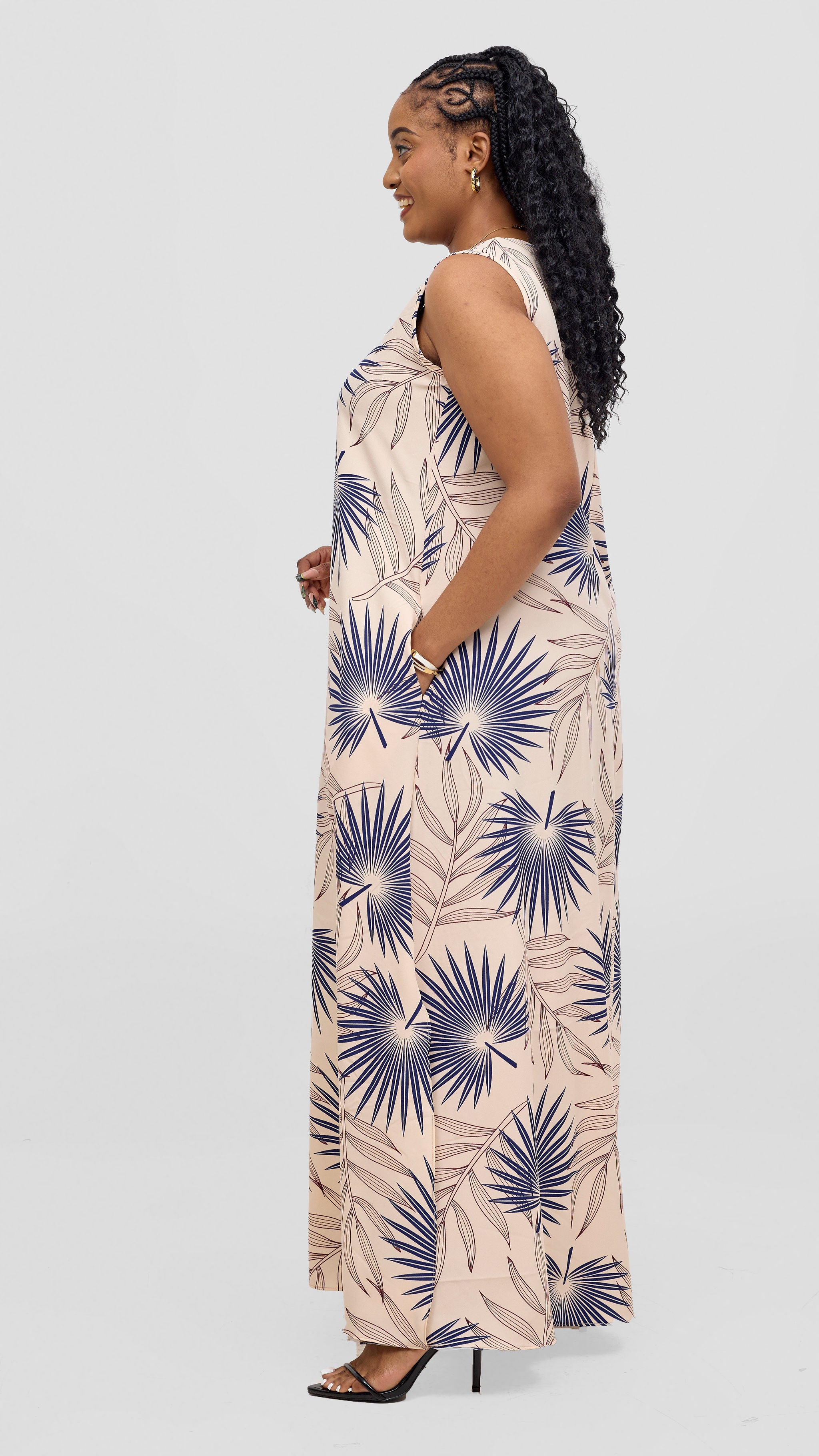 Vivo Ava Front Pleat Maxi Dress - Peach / Navy Print