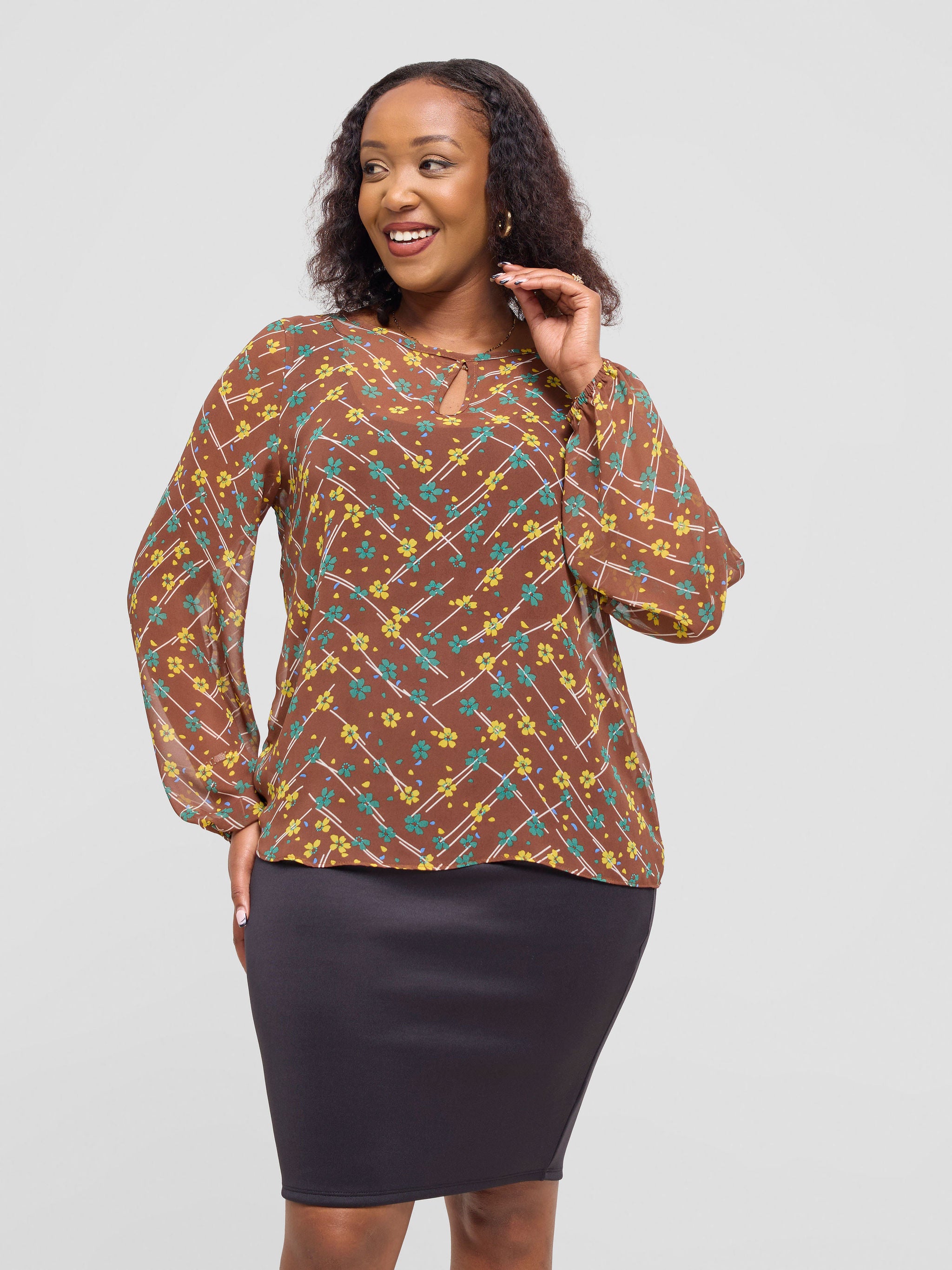 Vivo Sierra Bishop Sleeve Top - Brown / Yellow Lika Print