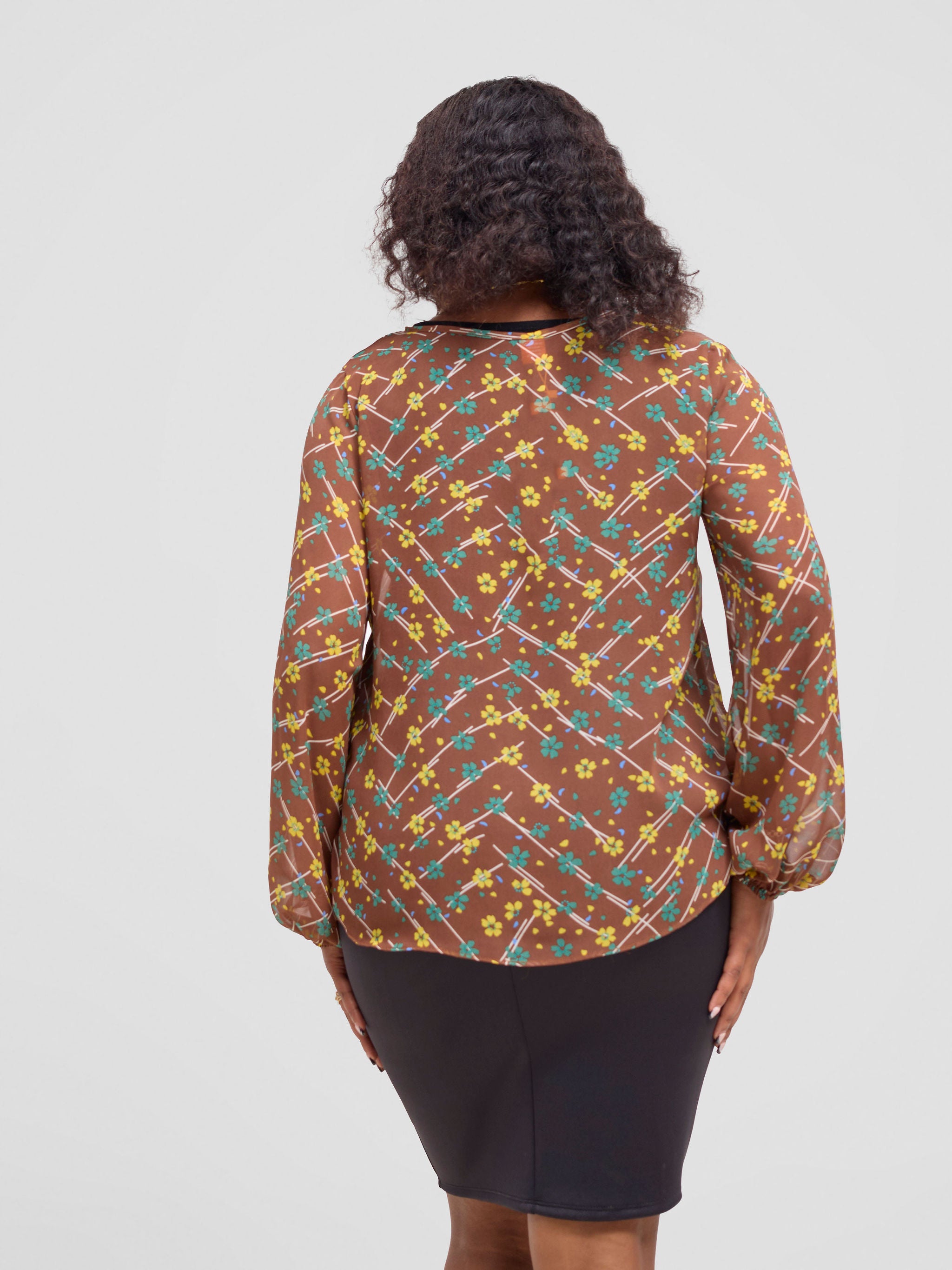 Vivo Sierra Bishop Sleeve Top - Brown / Yellow Lika Print