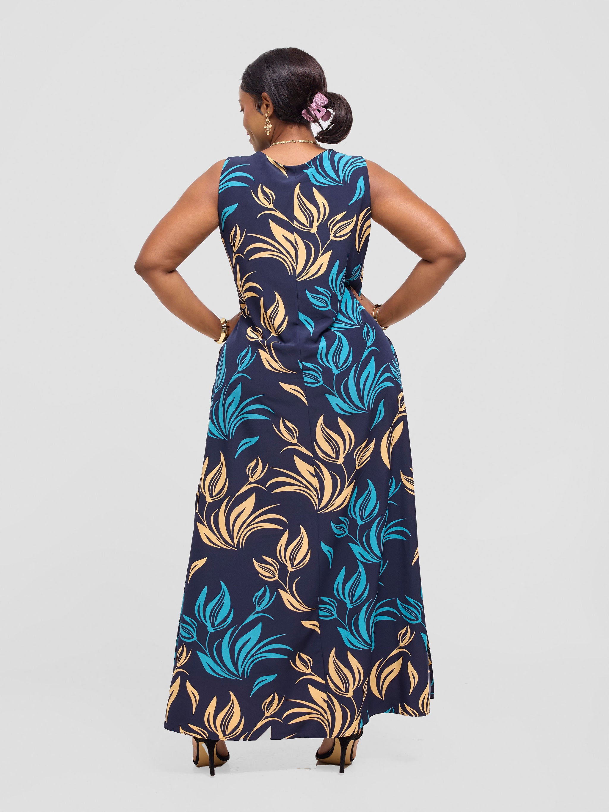Vivo Ava Front Pleat Maxi Dress - Navy / Mustard Ama Print