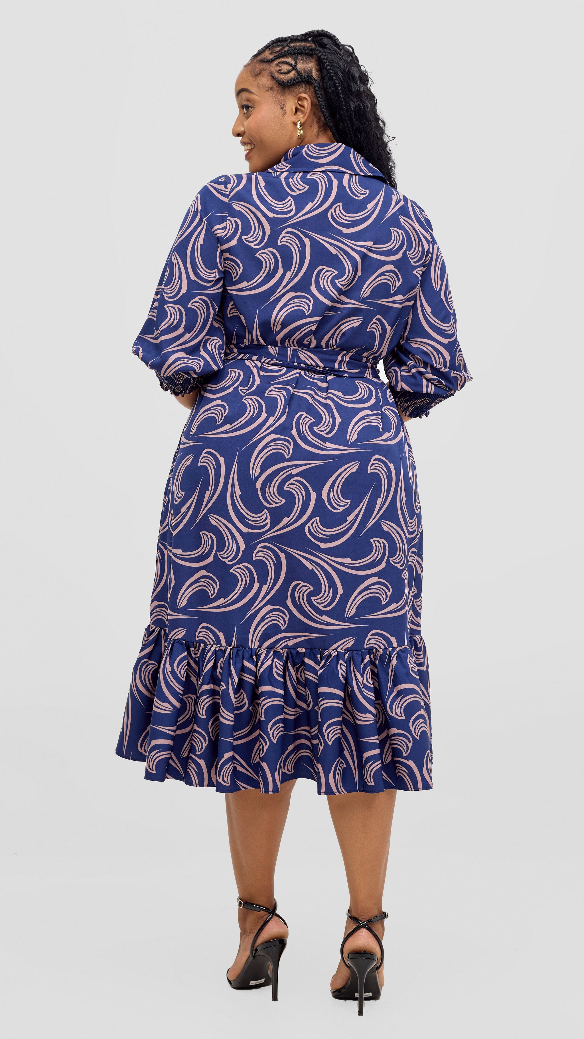Vivo Serwa Flounce Dress - Navy / Taupe