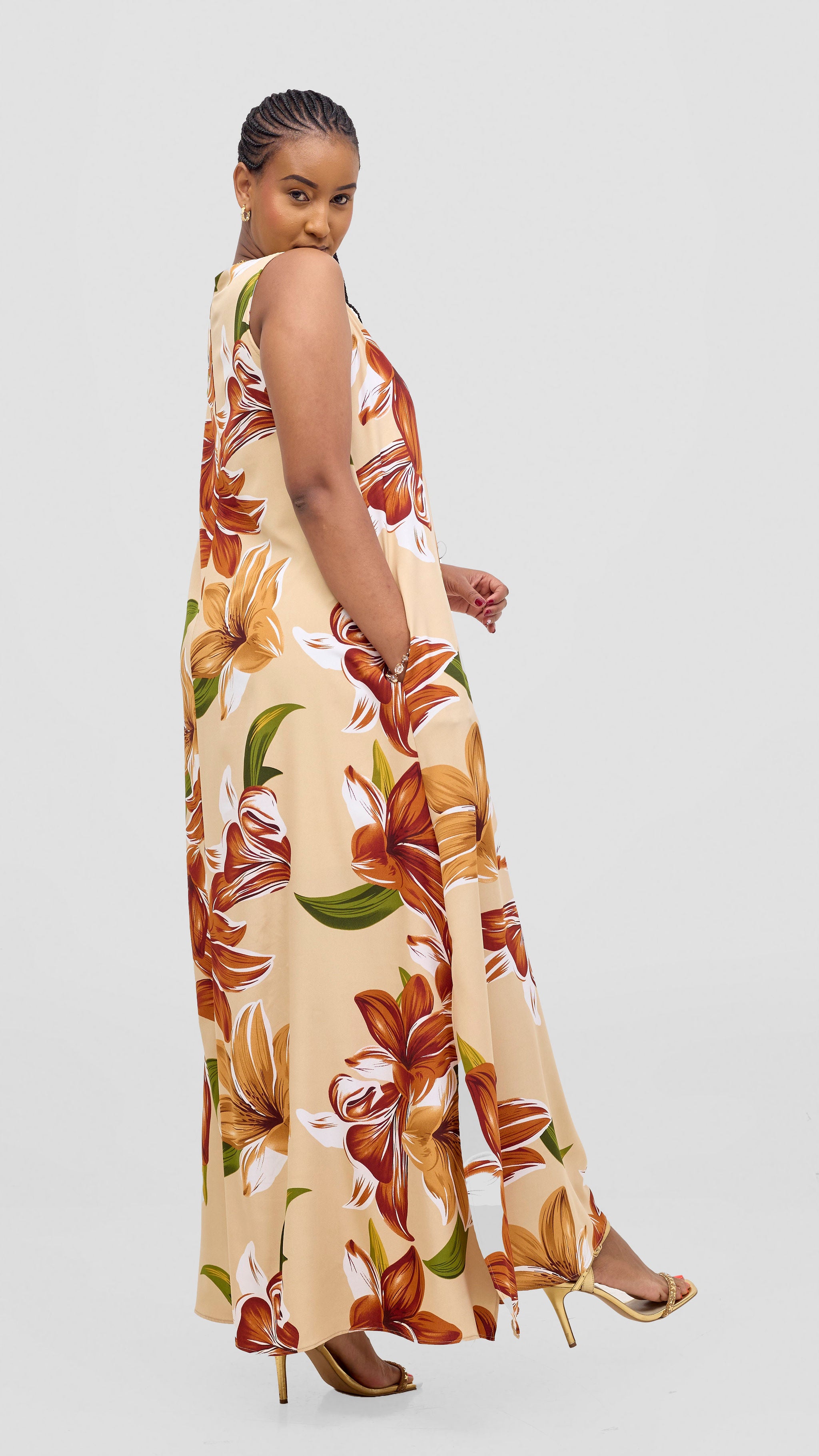 Vivo Ava Front Pleat Maxi Dress - Green / Rust Print