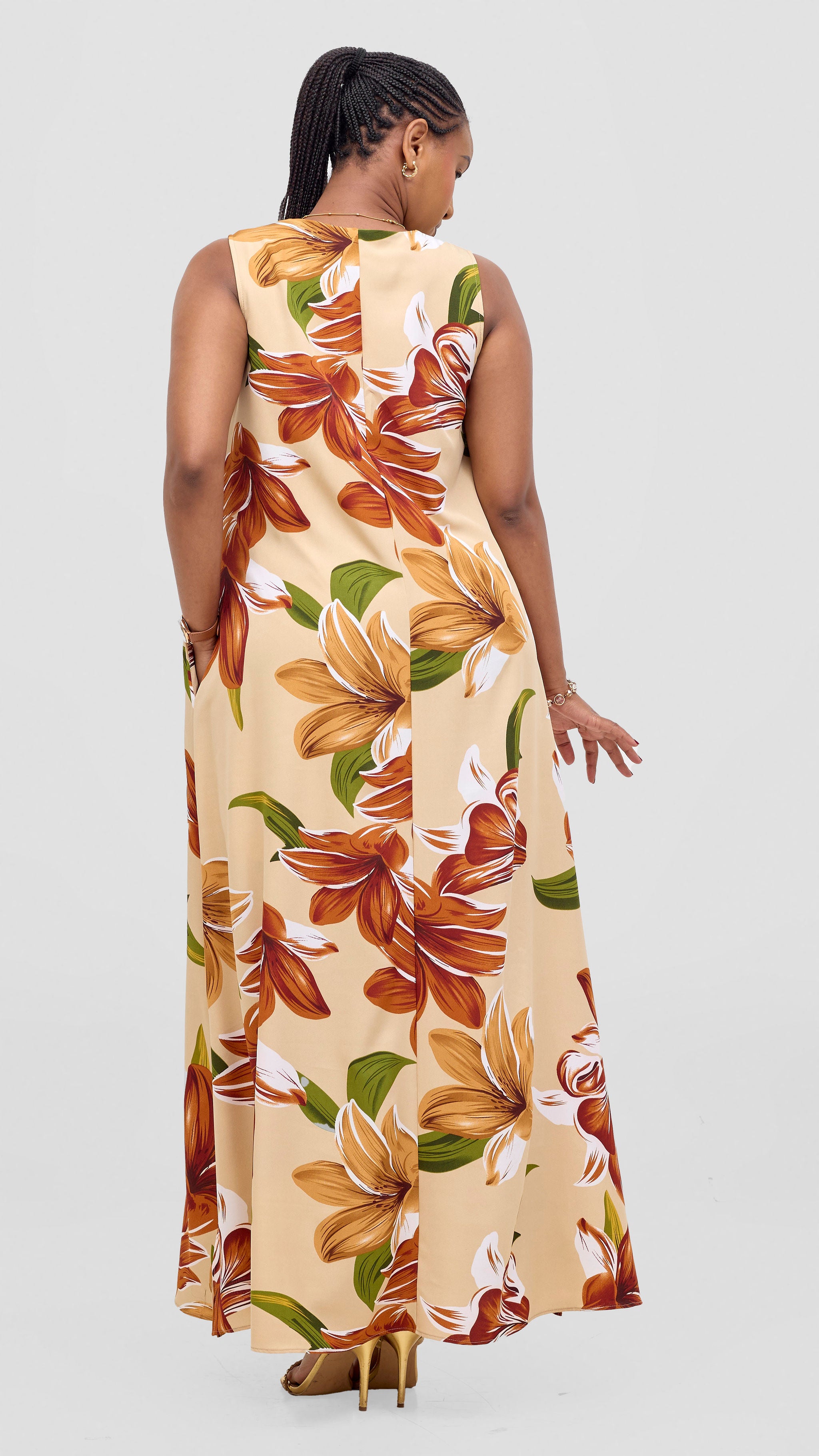 Vivo Ava Front Pleat Maxi Dress - Green / Rust Print