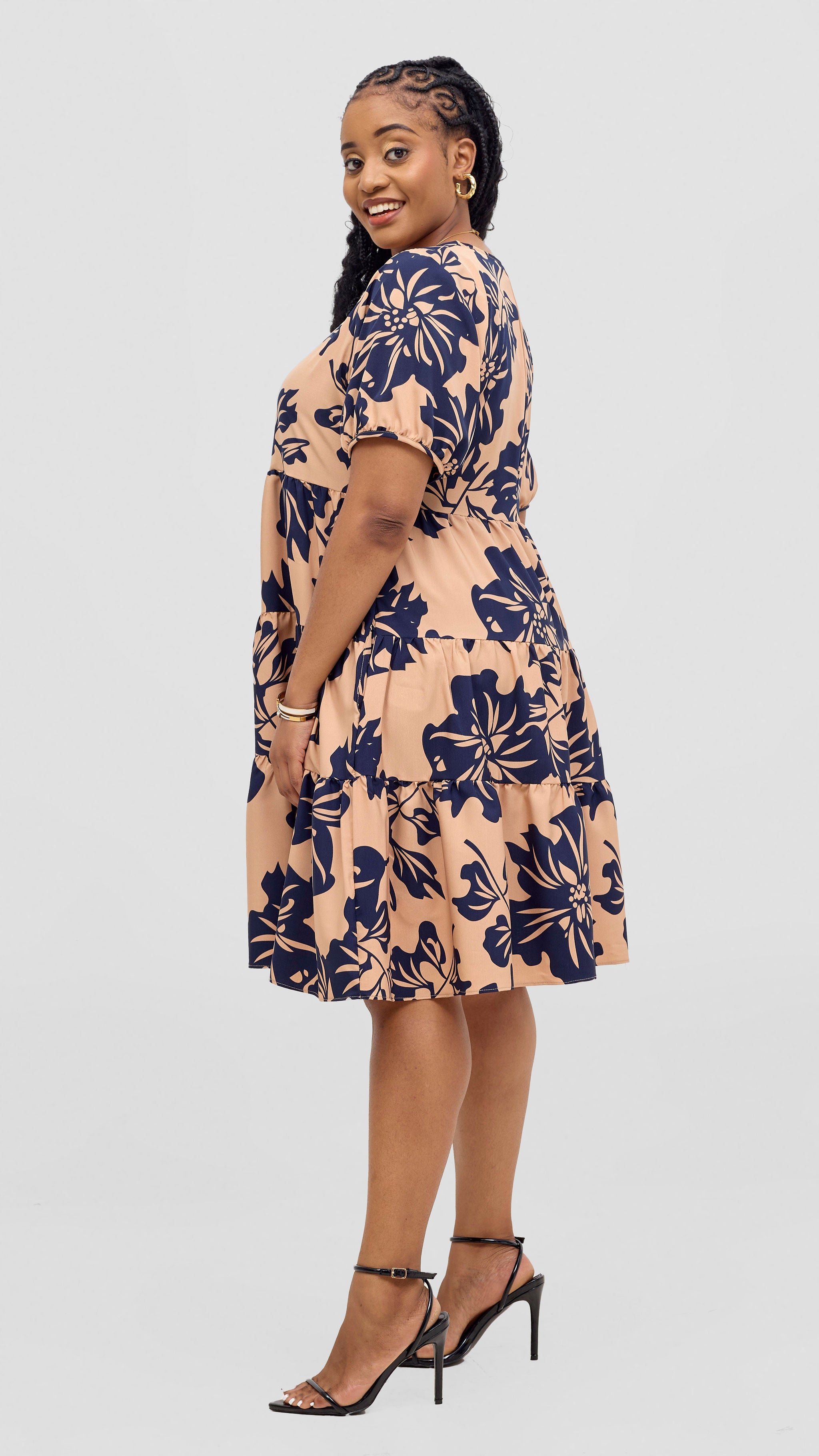 Vivo Wingu Three Tiered Knee Length Dress - Navy / Taupe Print