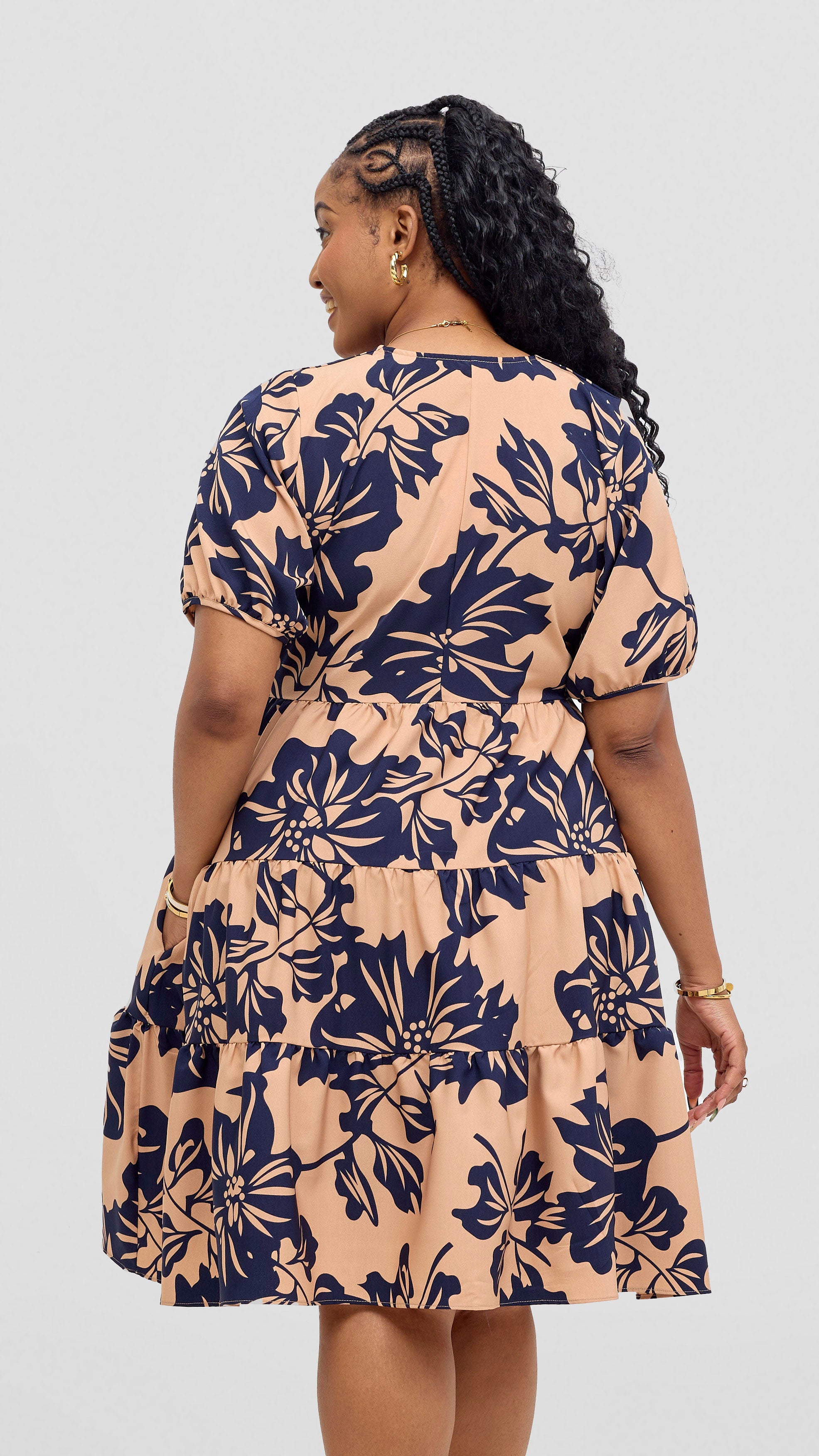 Vivo Wingu Three Tiered Knee Length Dress - Navy / Taupe Print