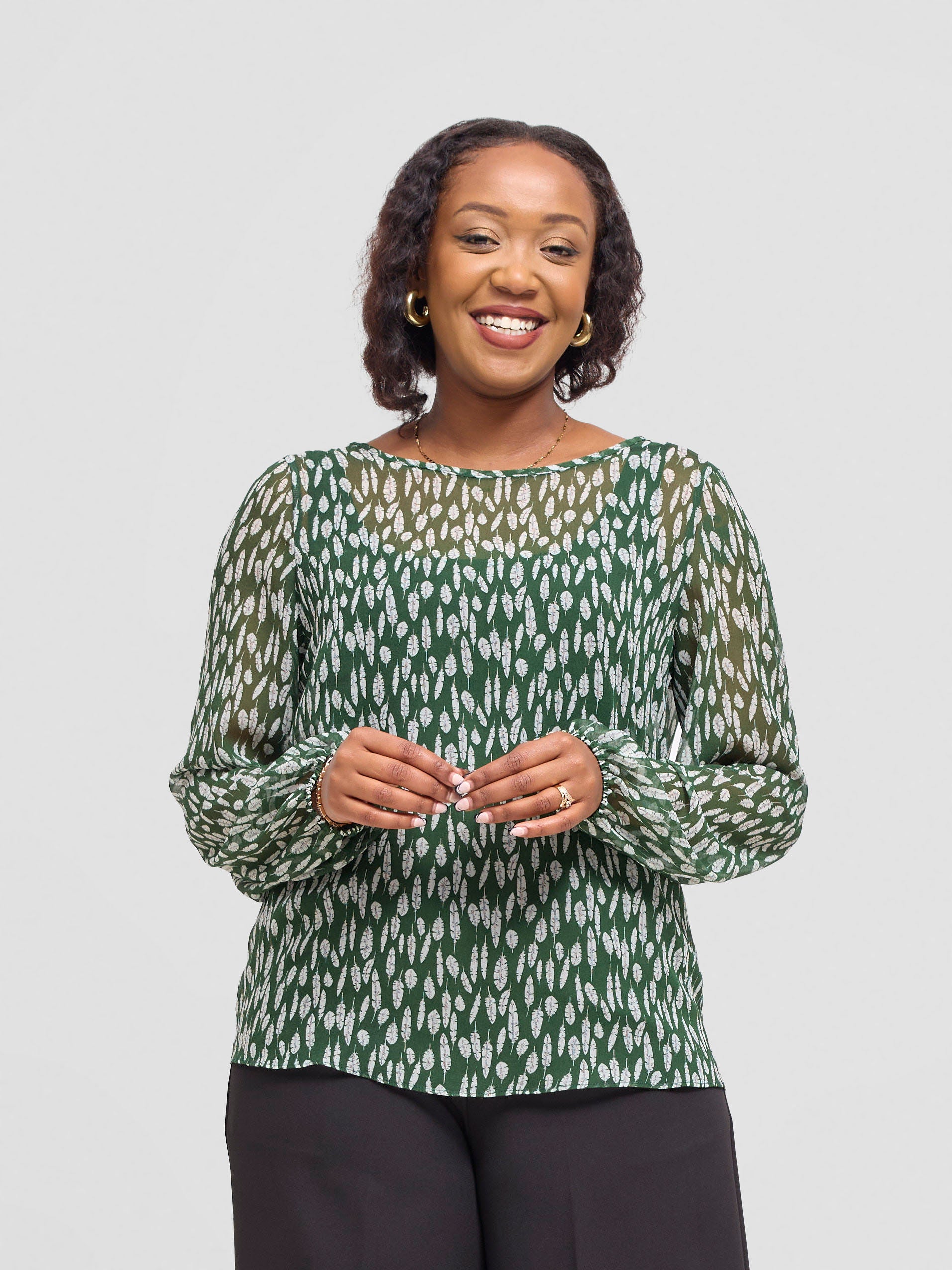 Vivo Basic Long Sleeved Bishop Top - Green / White Ifi Print