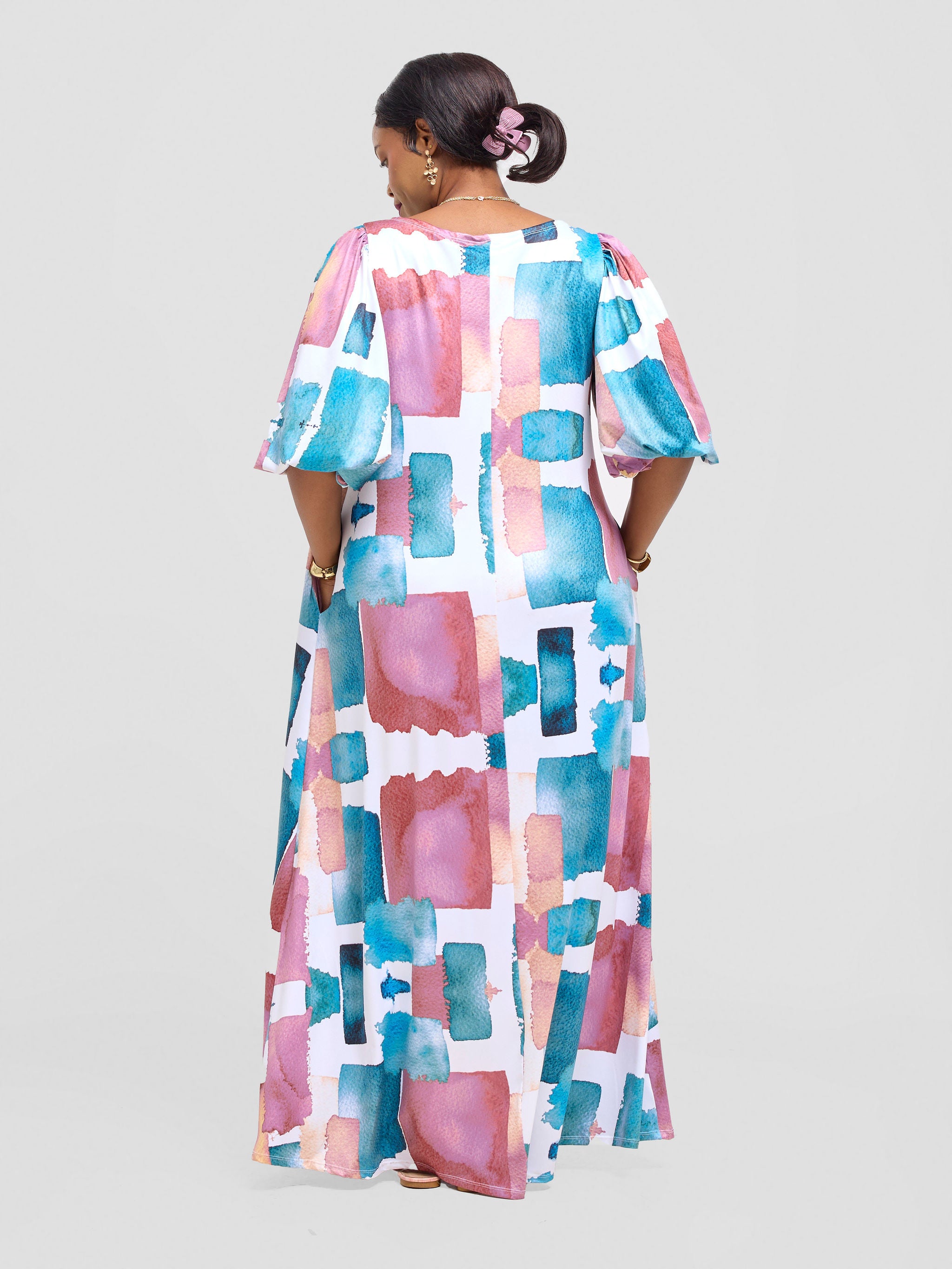 Vivo Nkasi Bubble Sleeve Maxi Dress - White / Burgundy Shibori Print