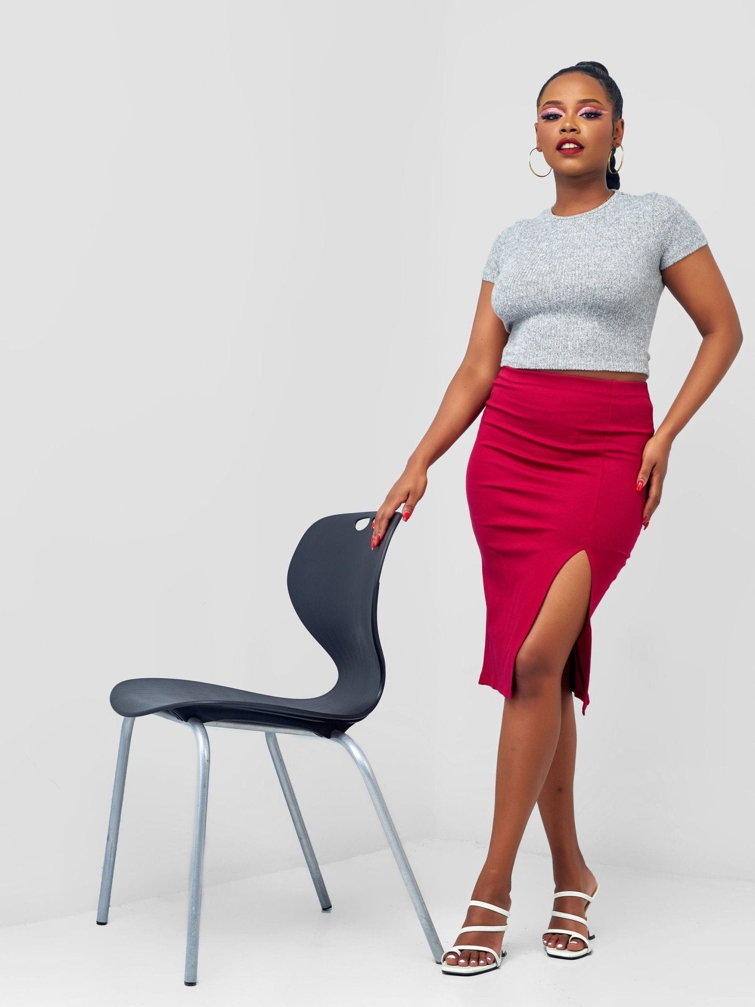 Popular 21 Long Slit Pencil Skirt - Burgundy - Shopzetu