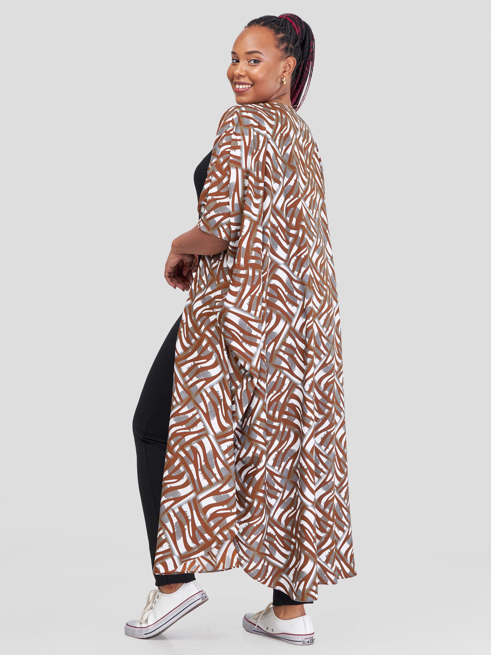 Vivo Malindi Maxi Kimono - Chocolate / Grey Abstract Print