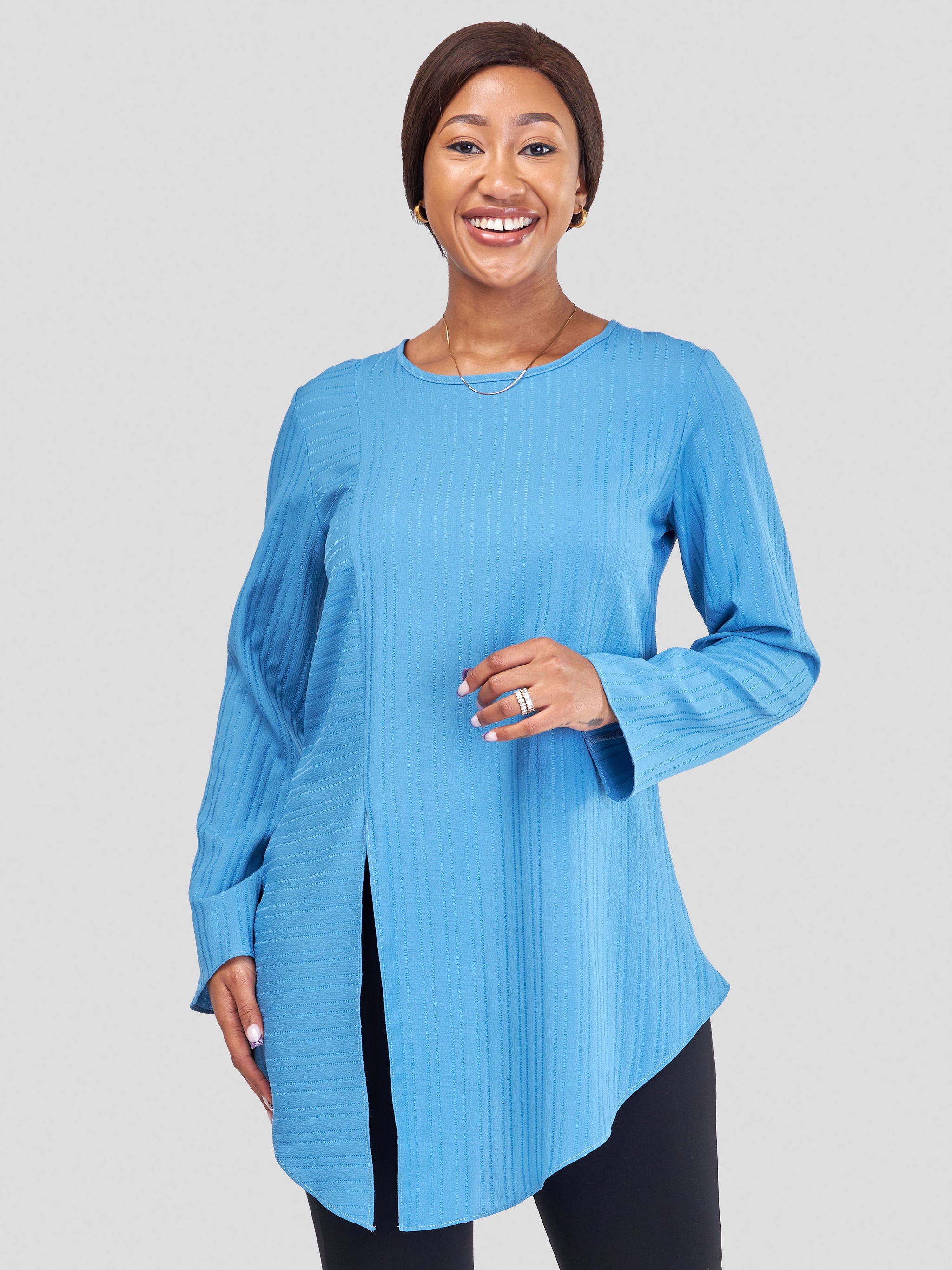 Vivo Mistari Long Sleeved Side Tie Top - Blue