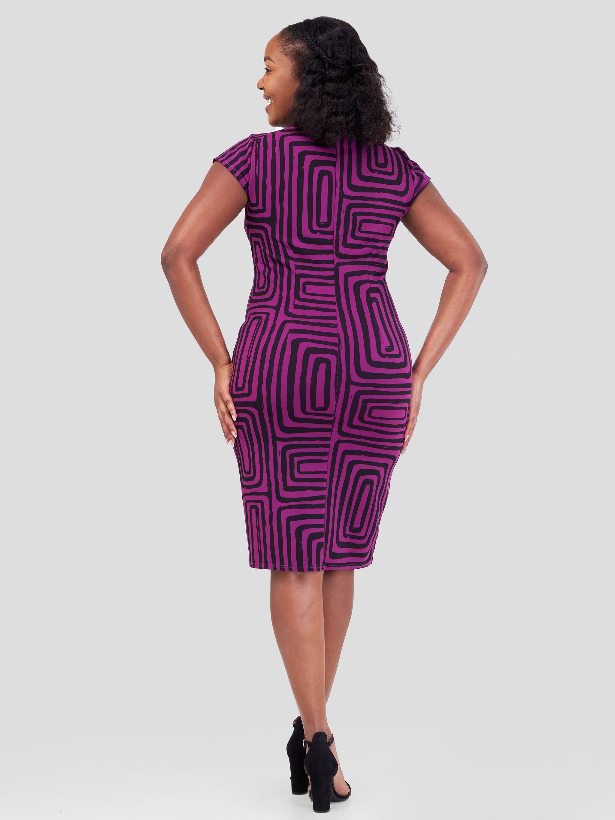 Vivo Imara Cap Sleeve Sheath Dress - Purple / Black Abstract Print