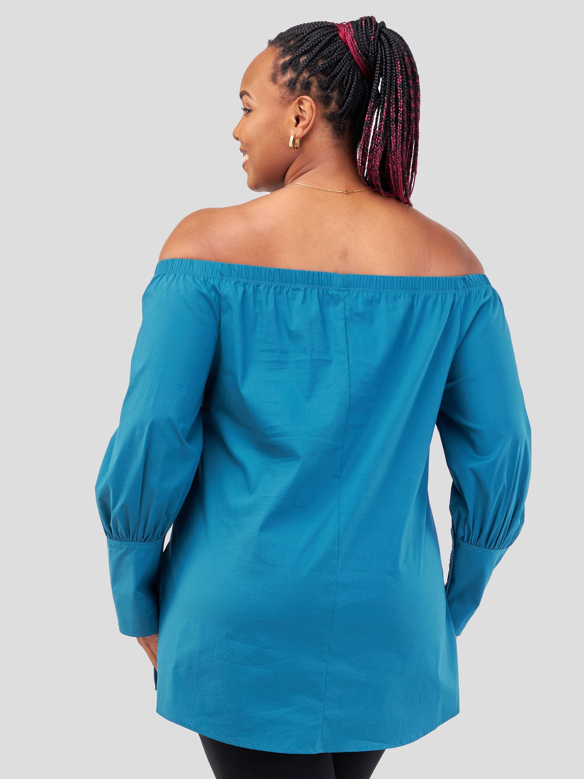 Safari Hawi Off Shoulder Bishop Sleeve Tunic Top - Teal