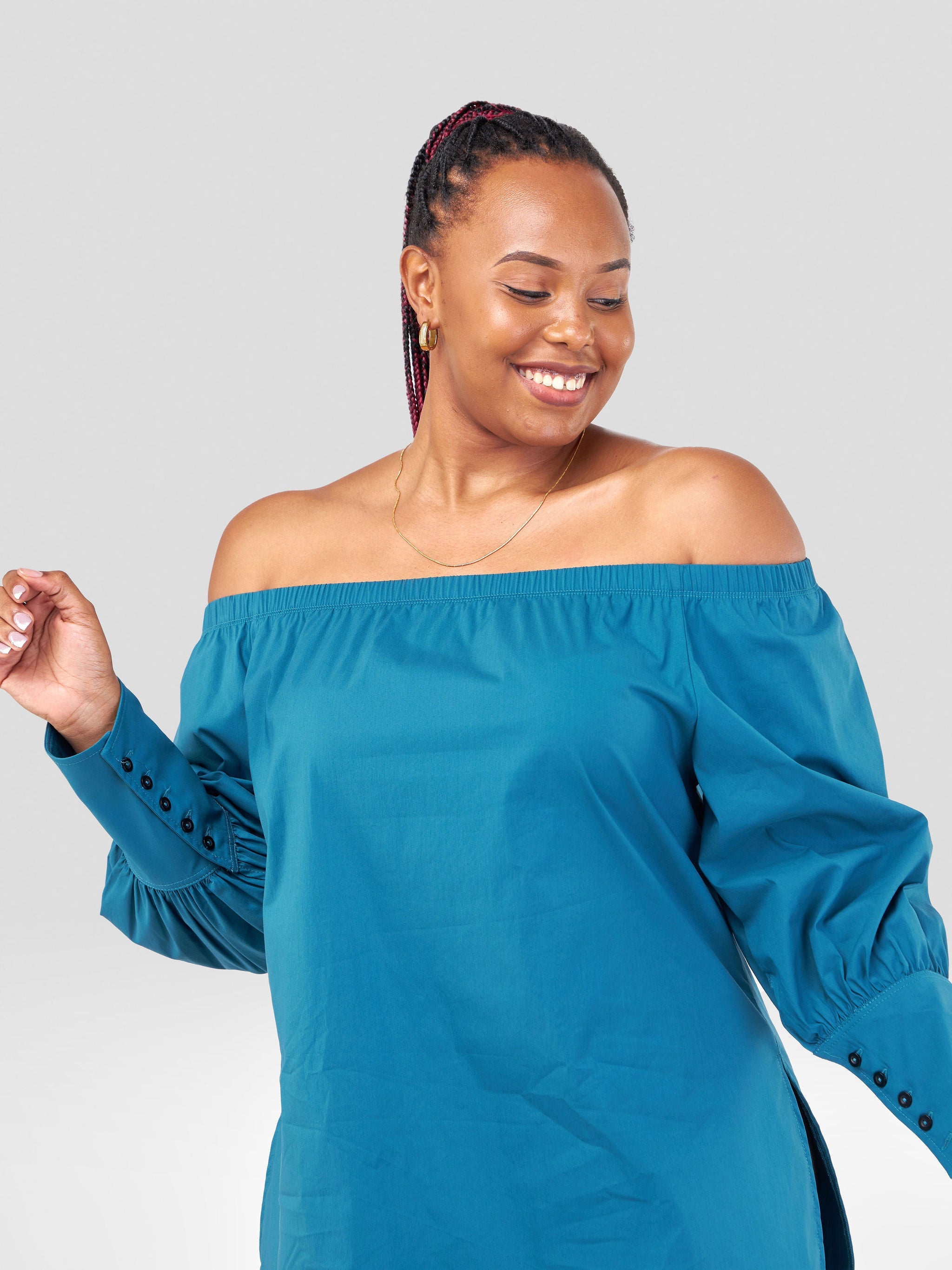 Safari Hawi Off Shoulder Bishop Sleeve Tunic Top - Teal