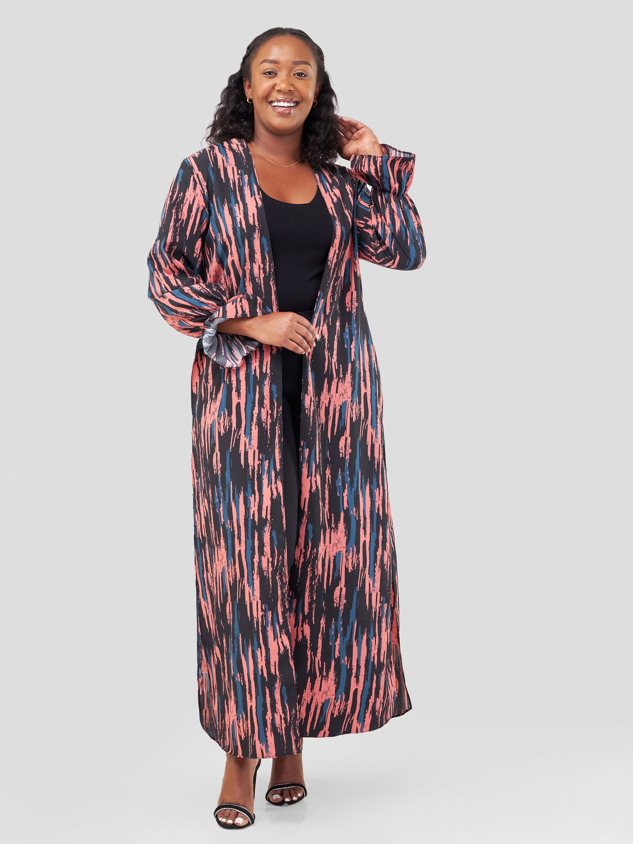 Vivo Jema High Slit Maxi Kimono - Black / Coral Abstract Print