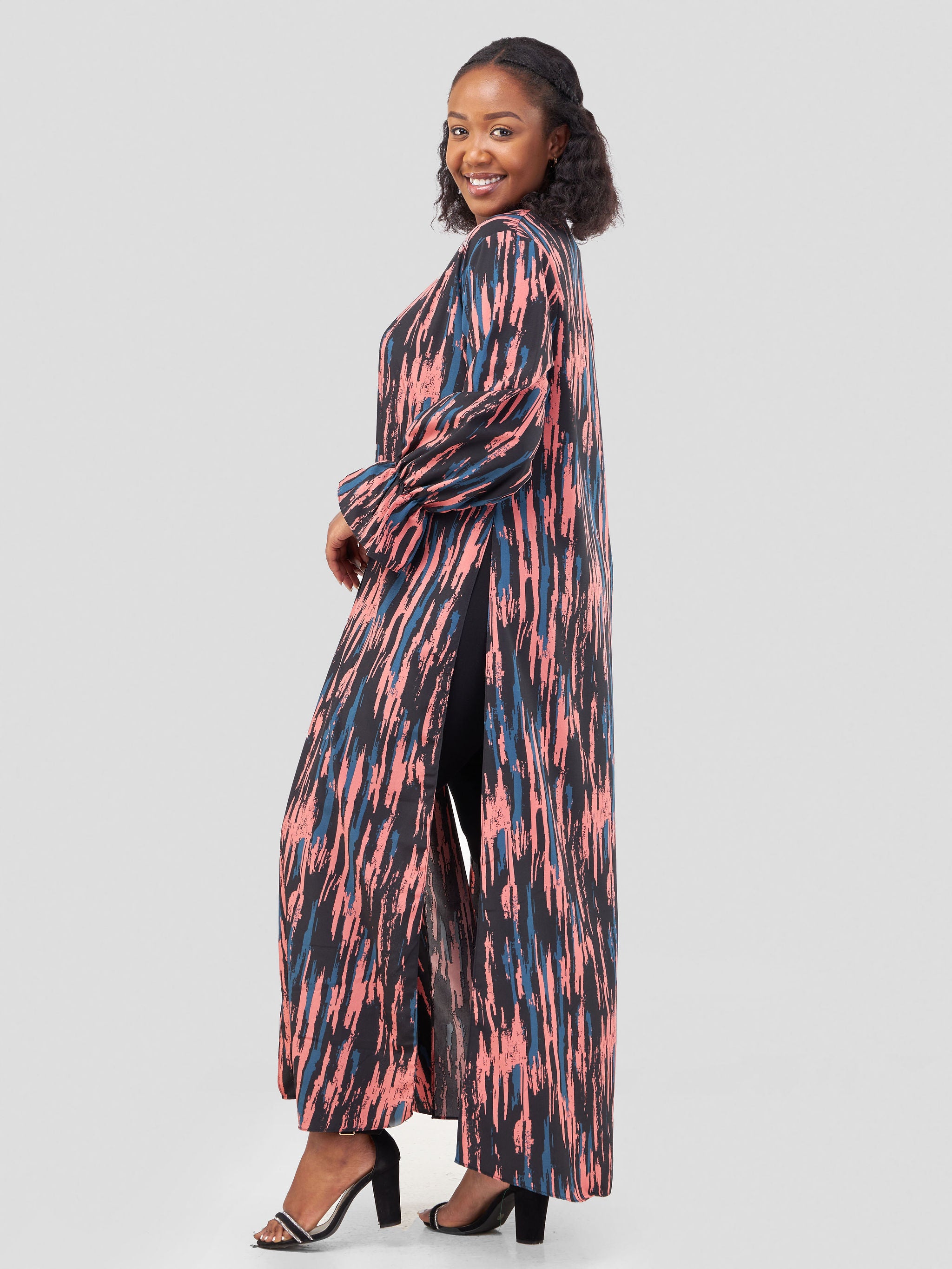 Vivo Jema High Slit Maxi Kimono - Black / Coral Abstract Print