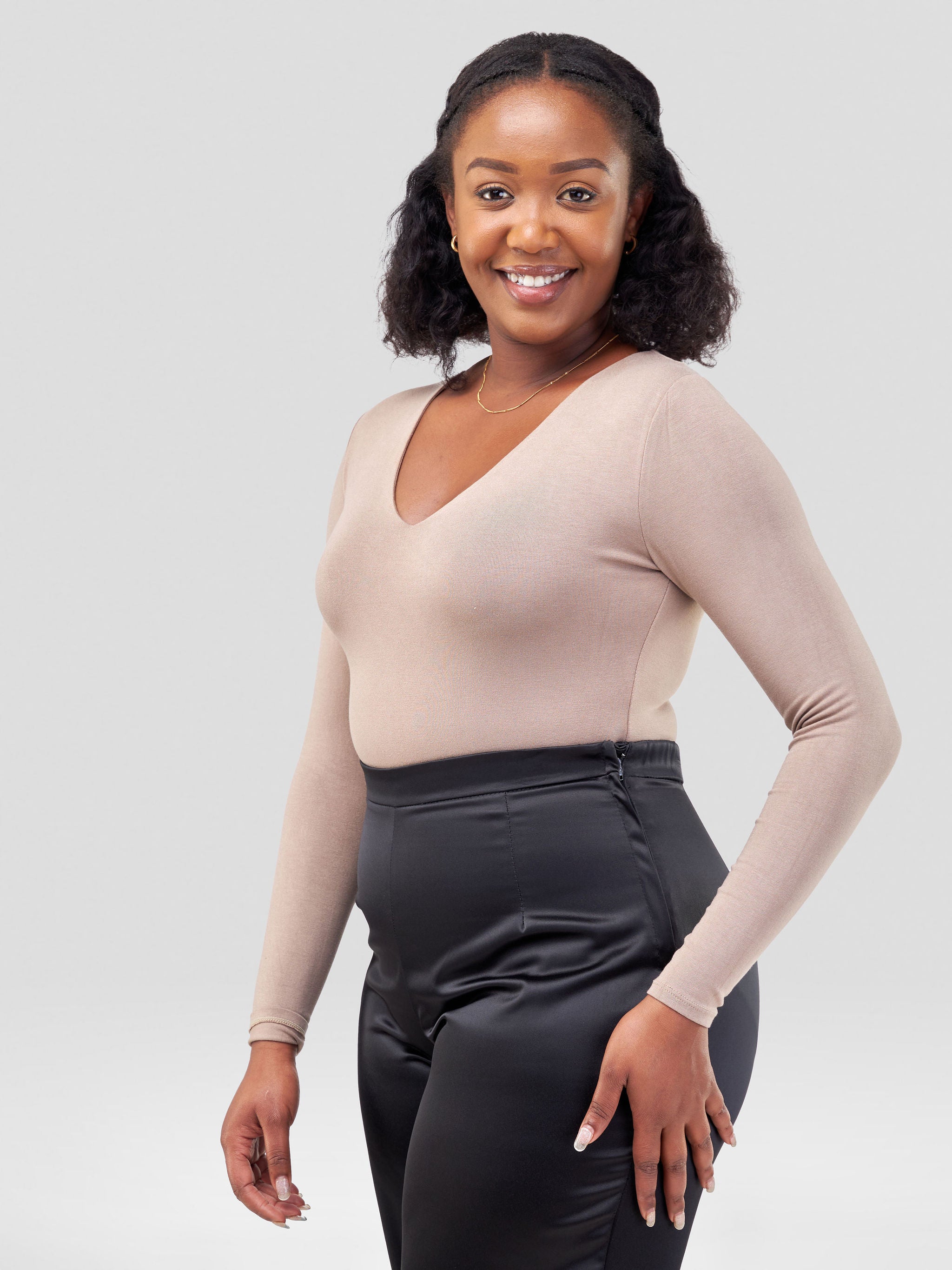 Vivo Basic Double Layered Long Sleeved Bodysuit - Taupe