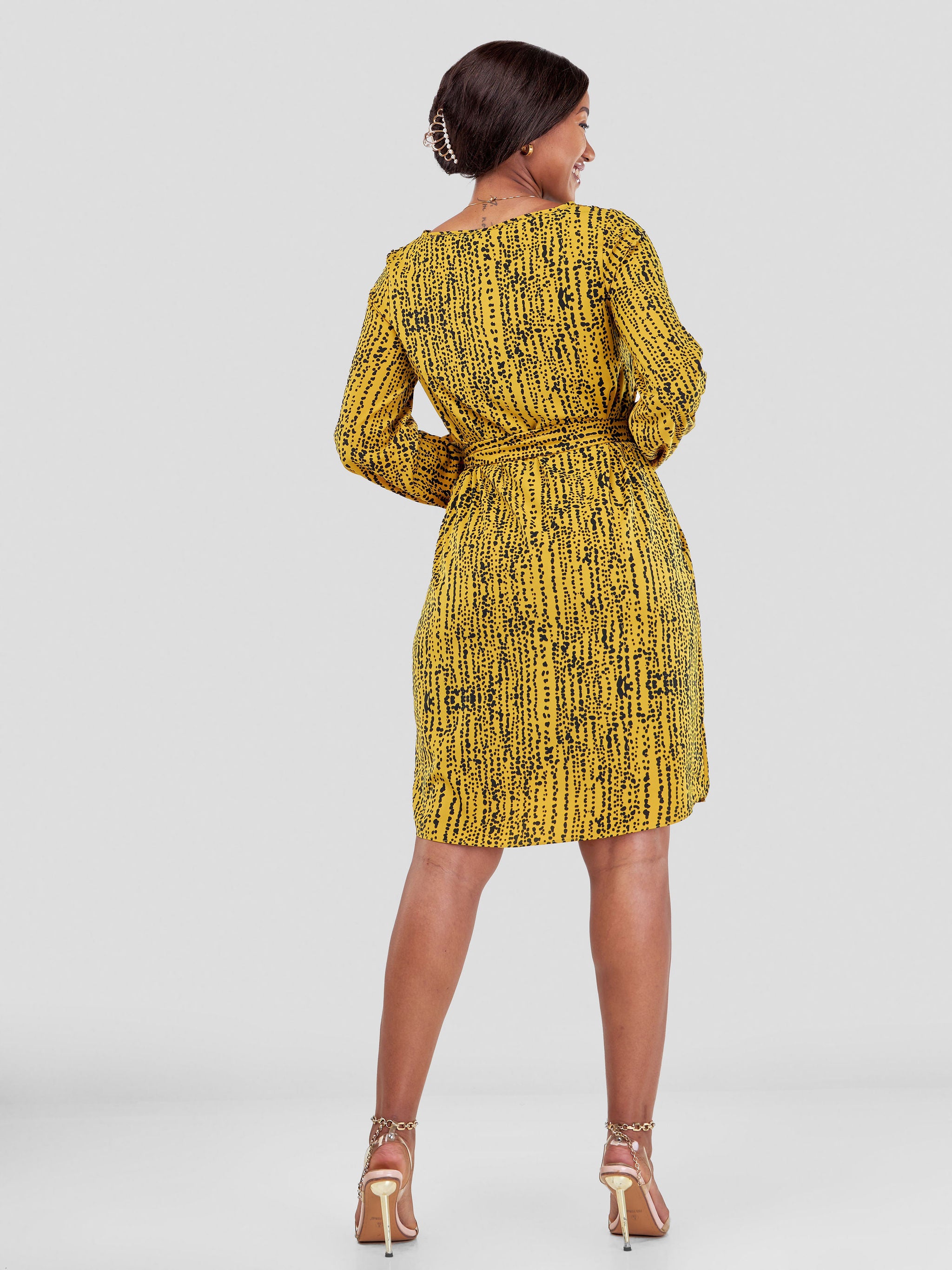Vivo Zawadi Shift Dress - Mustard / Black Heri Abstract Print