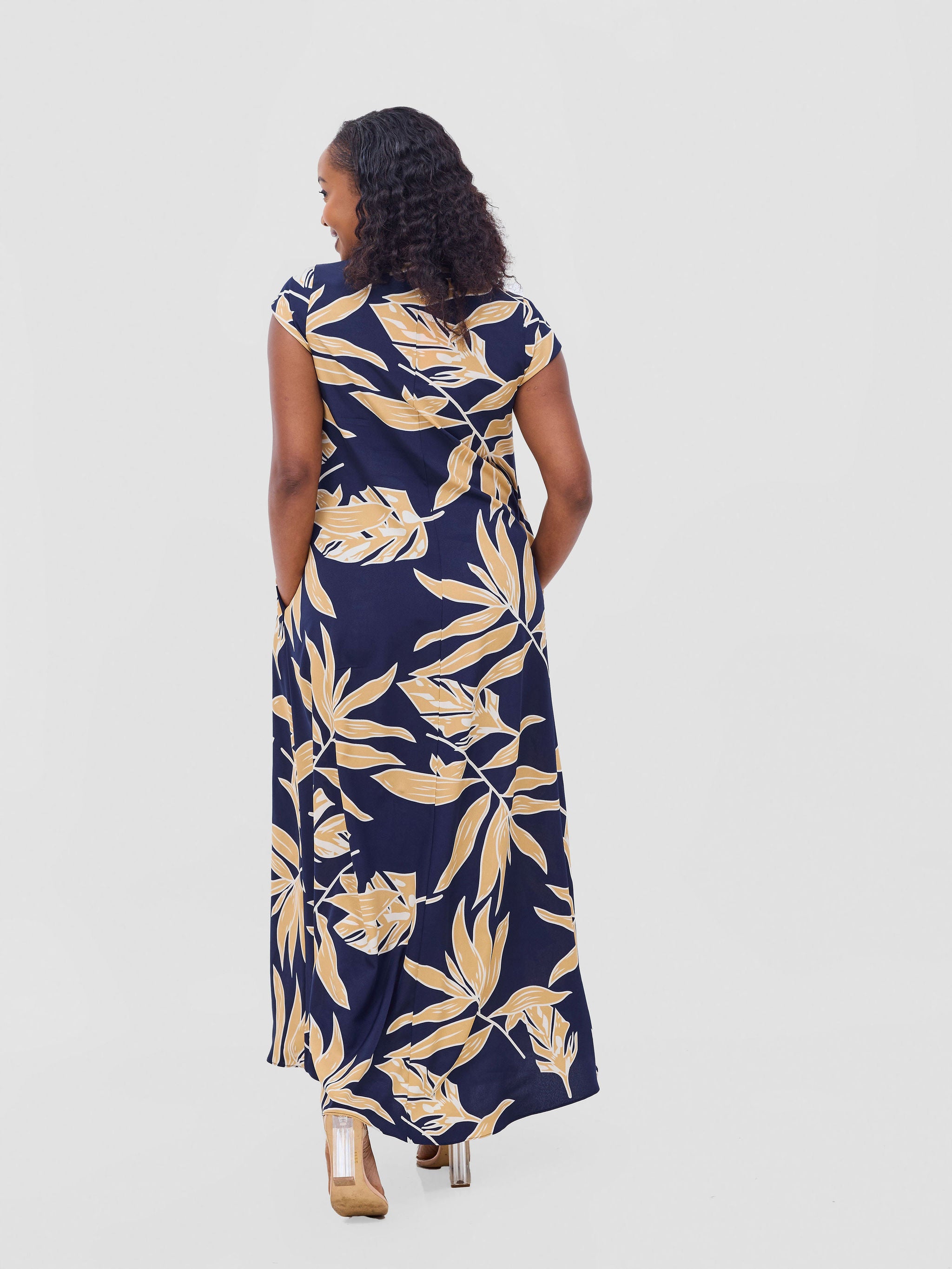 Vivo Zola V Neck Cap Sleeve Maxi Dress - Dark Navy / Taupe Print