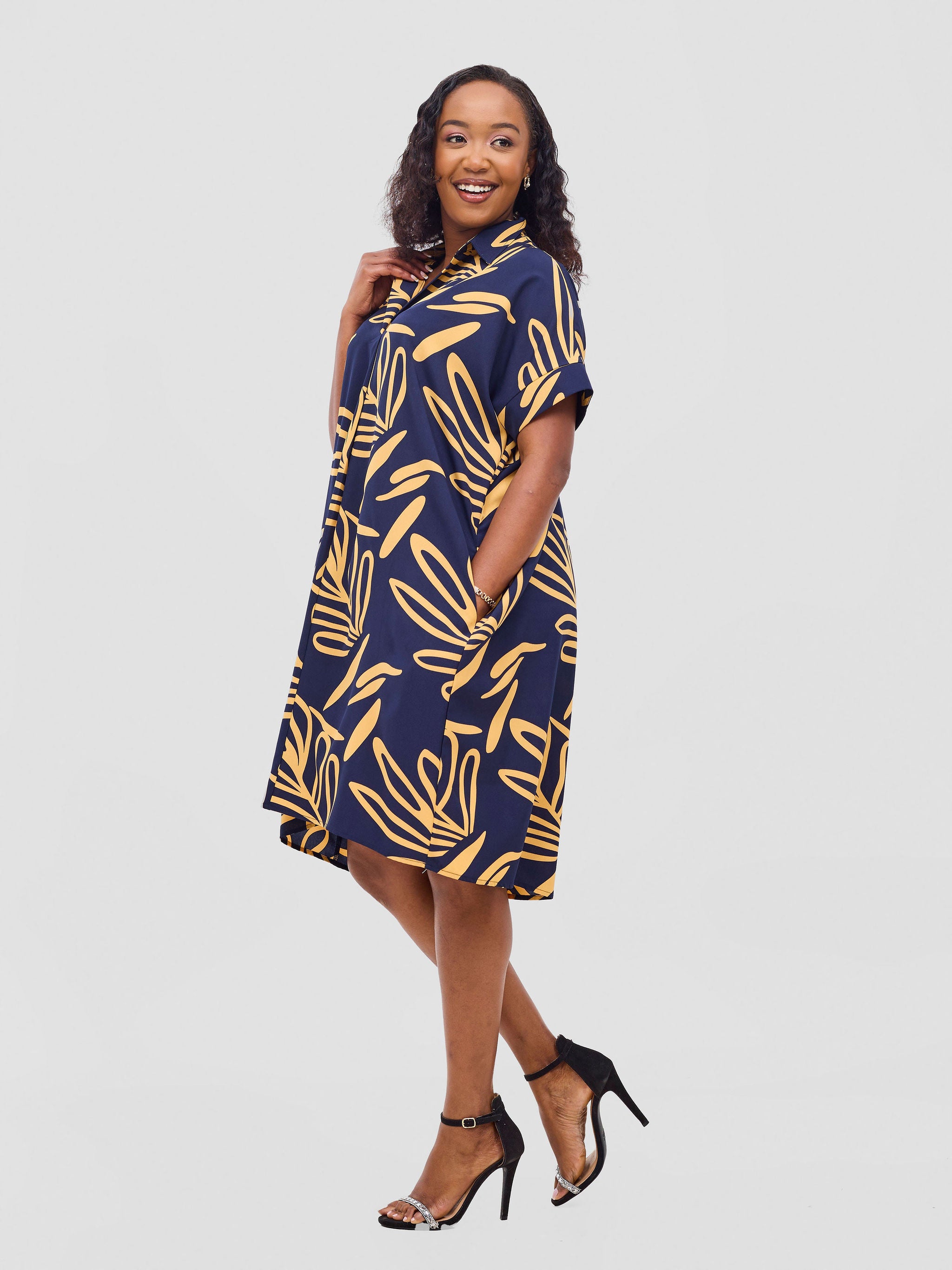 Vivo Reba Drop Shoulder Shirt Dress  - Dark Navy / Mustard Print