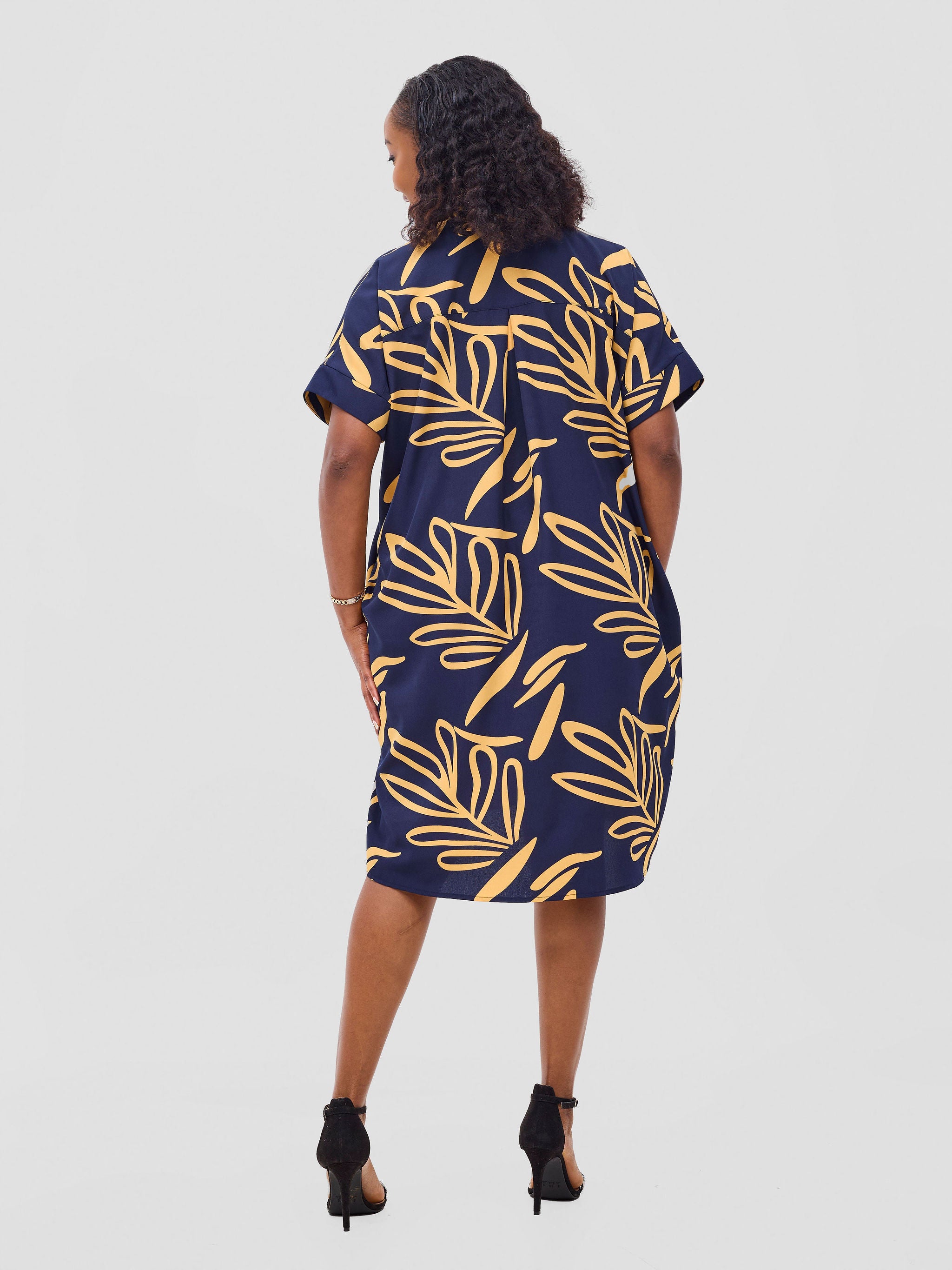 Vivo Reba Drop Shoulder Shirt Dress  - Dark Navy / Mustard Print
