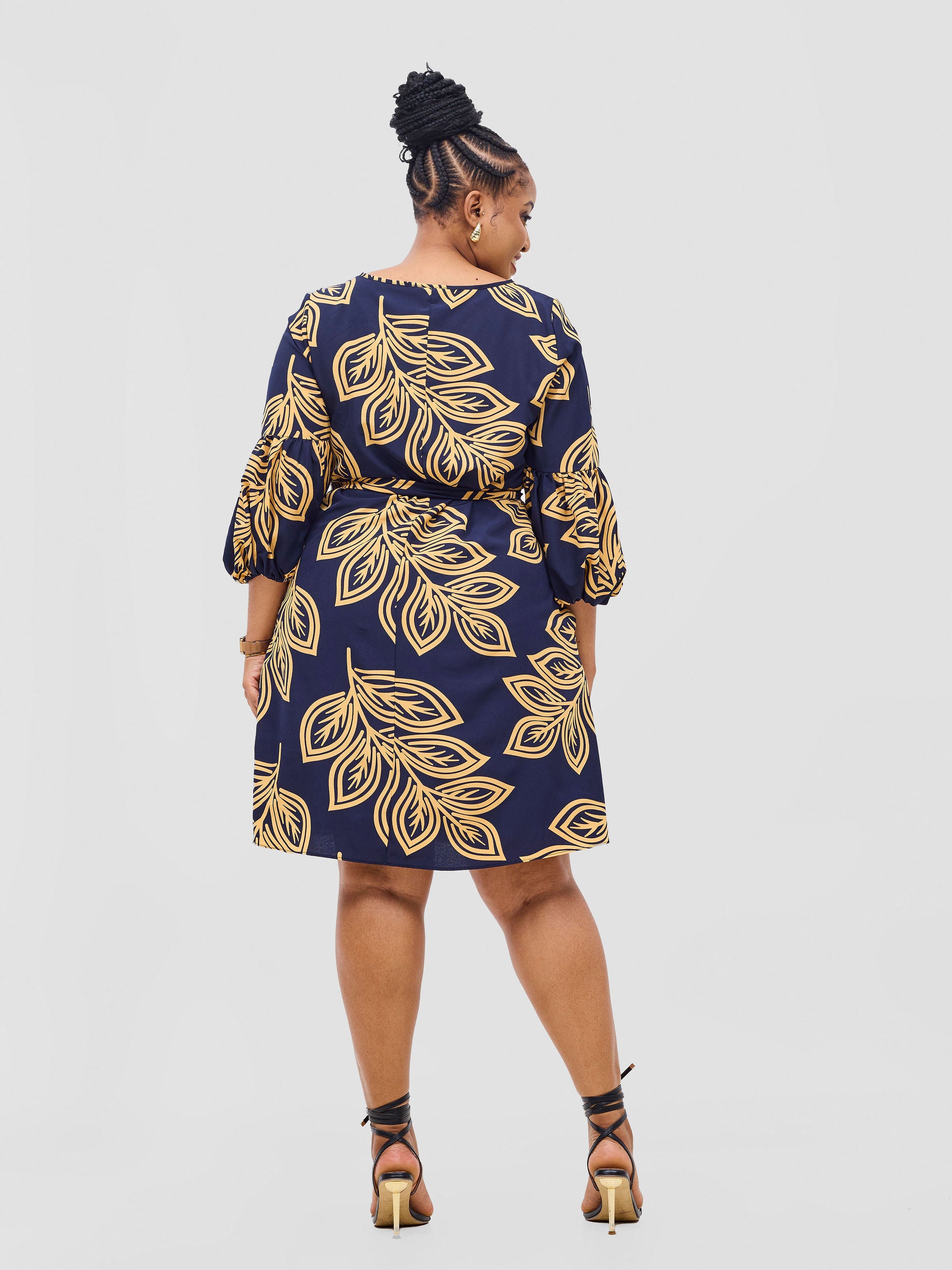 Vivo Zena Bishop Panel Long Sleeve Round Neck Dress - Navy / Yellow Print
