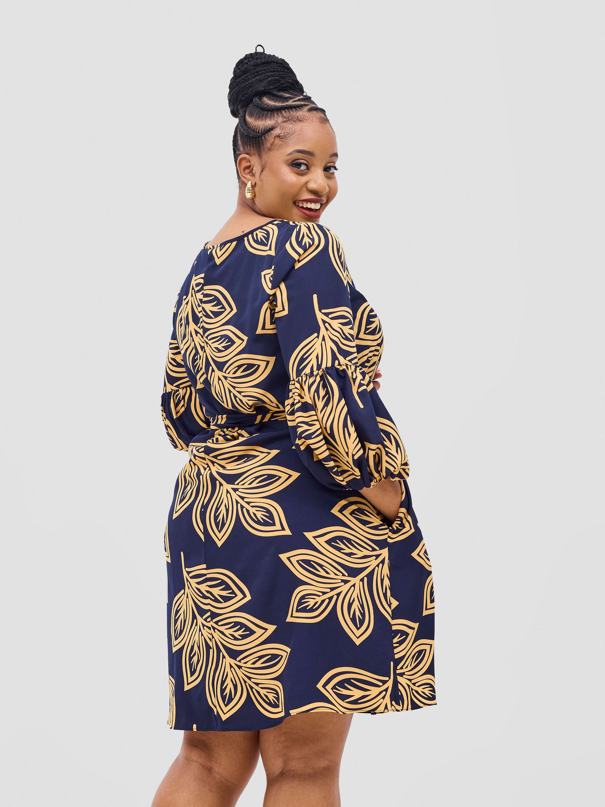 Vivo Zena Bishop Panel Long Sleeve Round Neck Dress - Navy / Yellow Print