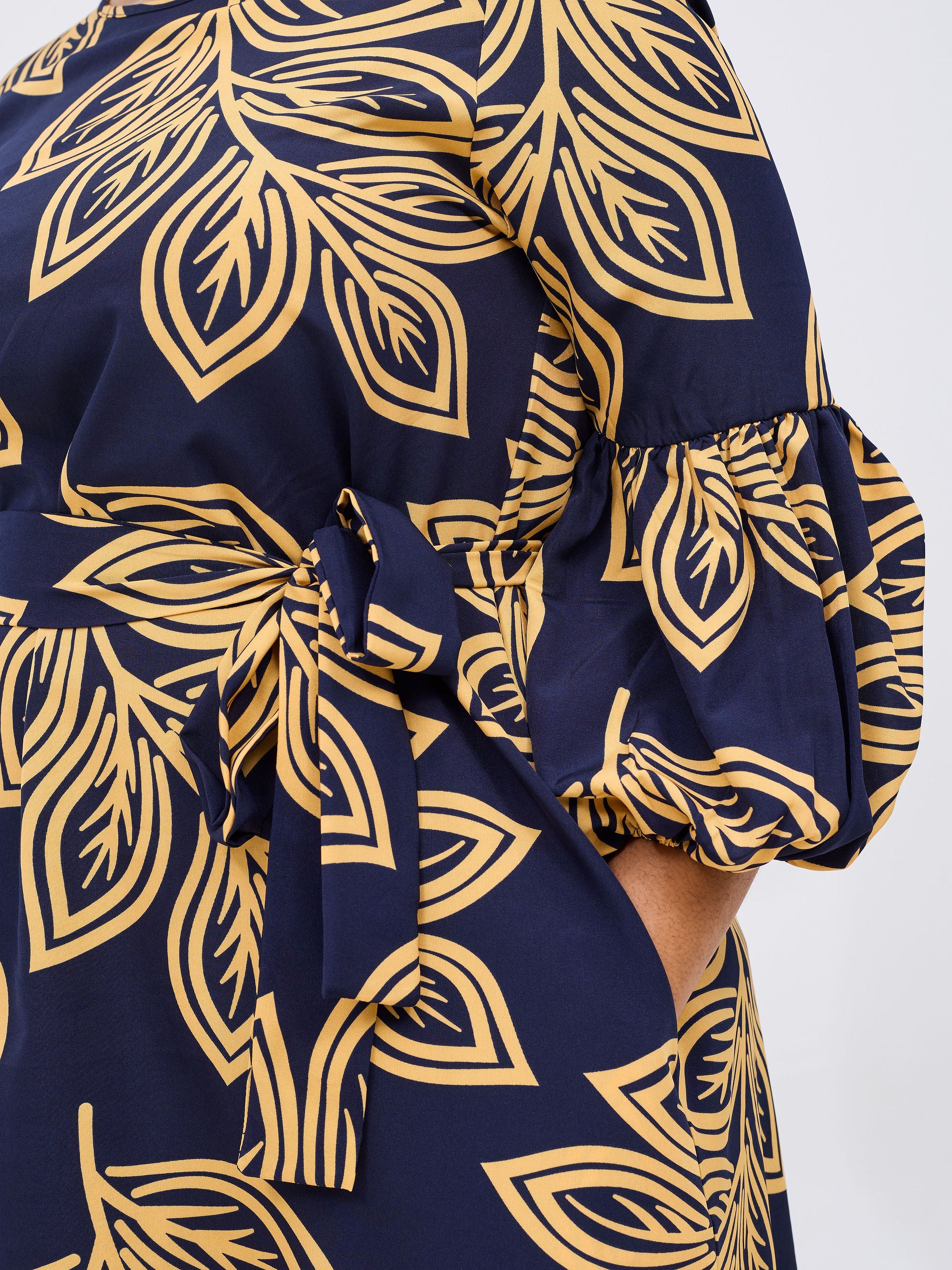 Vivo Zena Bishop Panel Long Sleeve Round Neck Dress - Navy / Yellow Print
