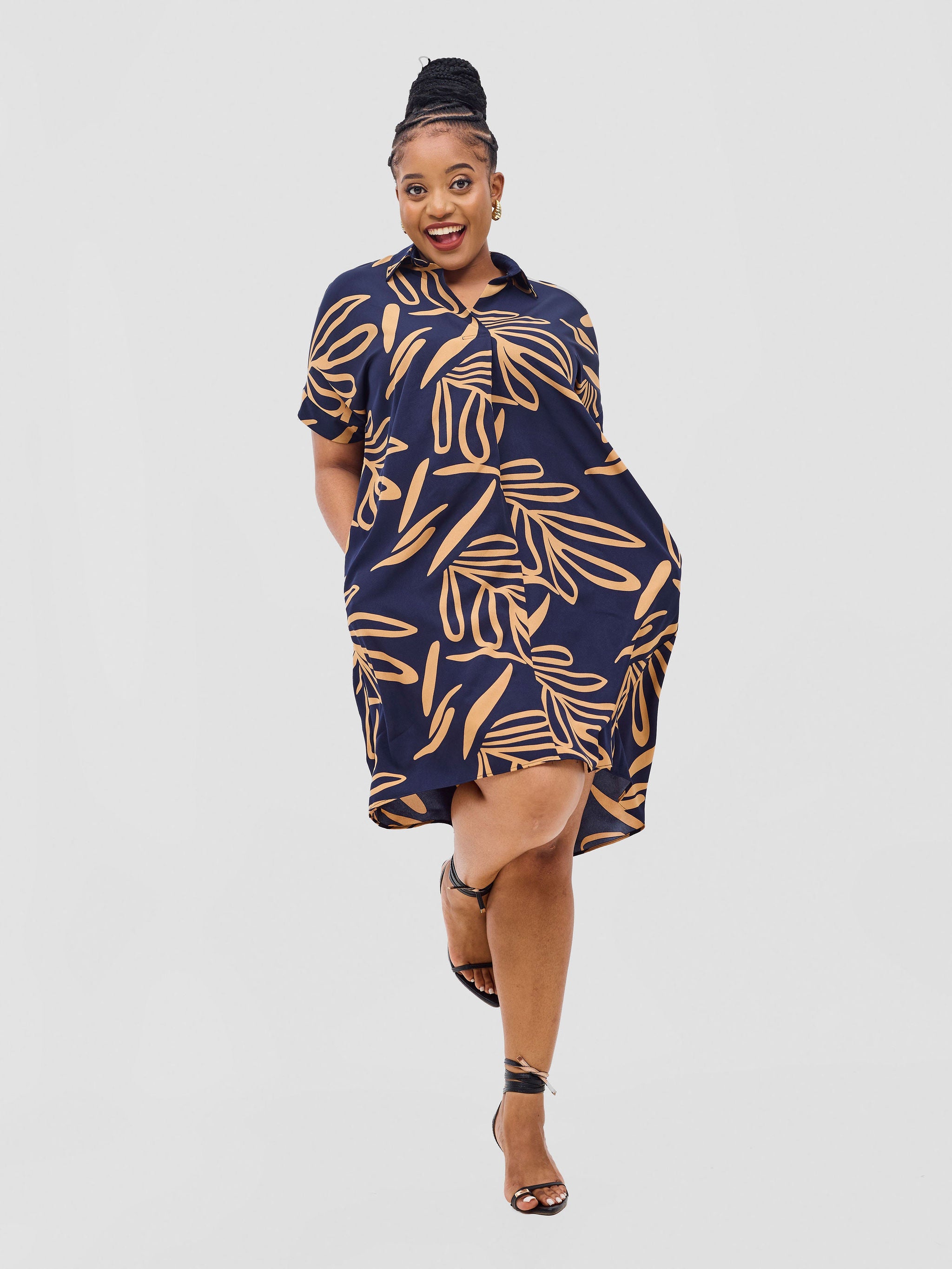 Vivo Reba Drop Shoulder Shirt Dress  - Dark Navy / Tan Print
