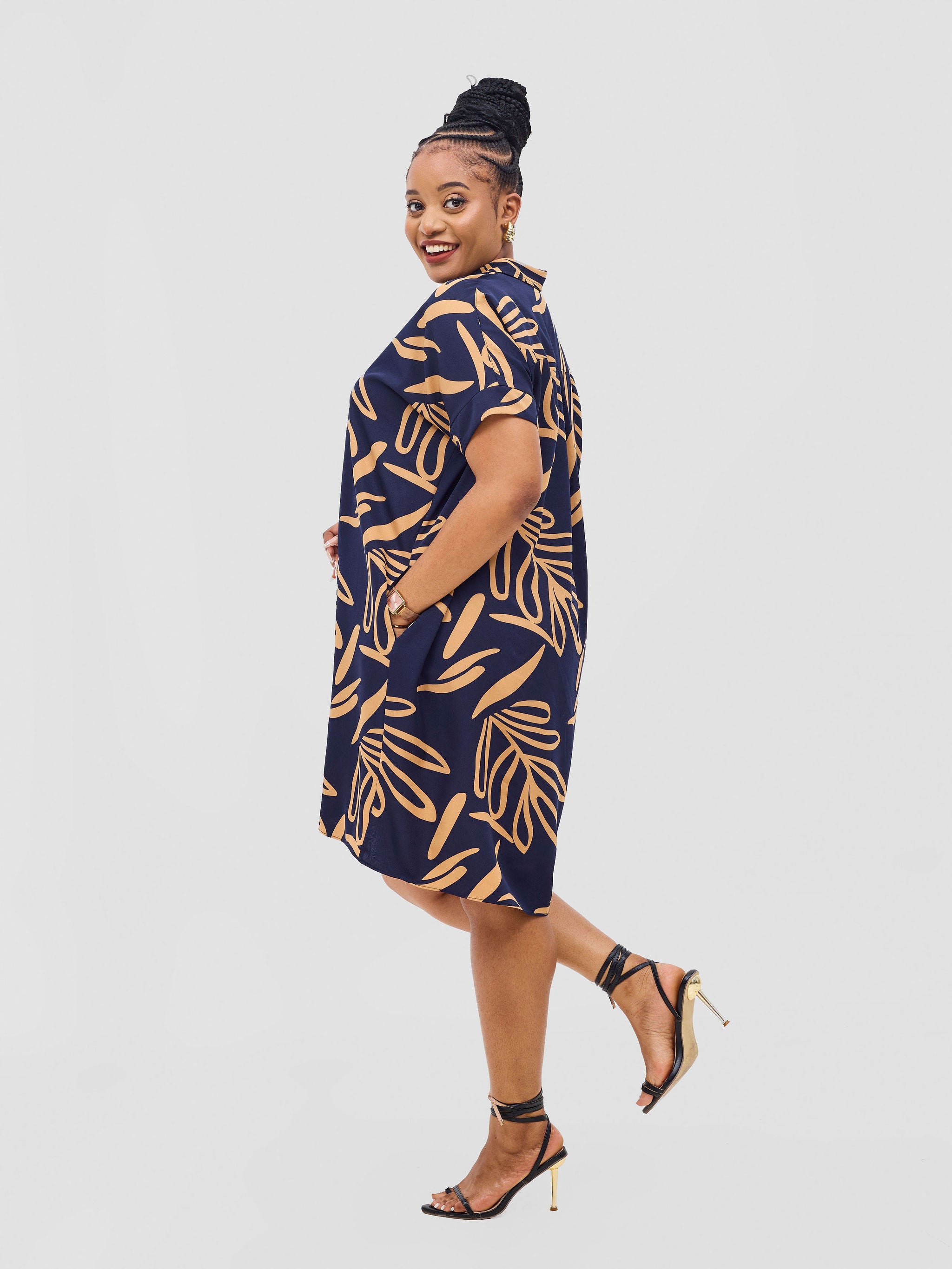 Vivo Reba Drop Shoulder Shirt Dress  - Dark Navy / Tan Print