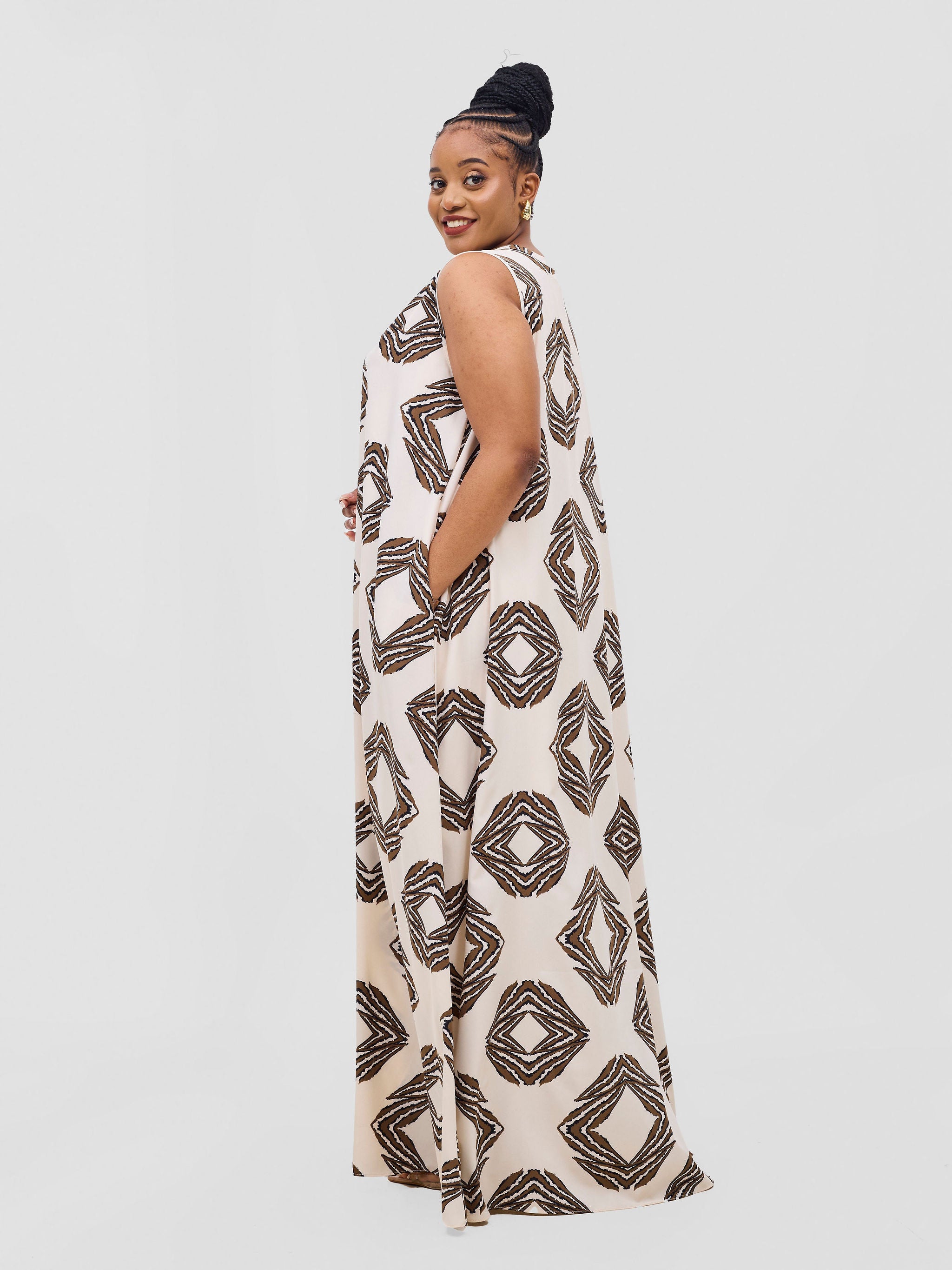 Vivo Ava Tent Maxi Dress - Cream / Brown Print