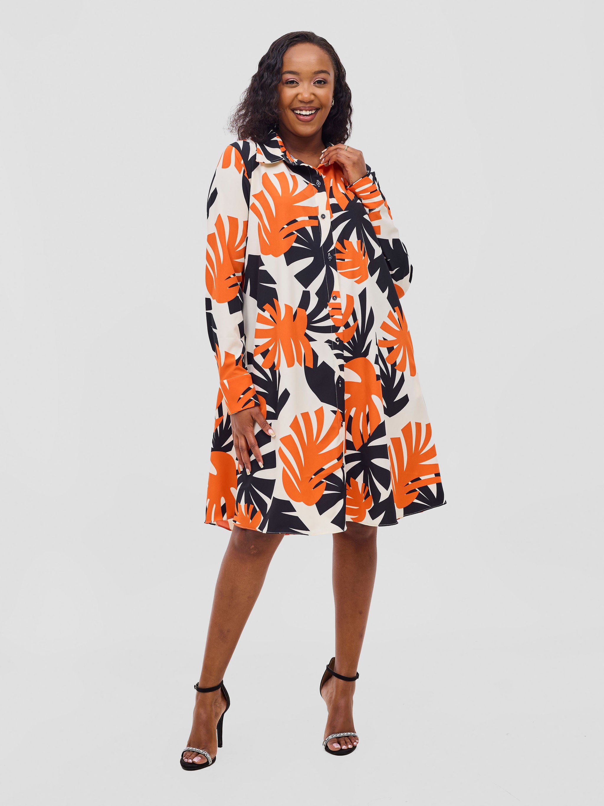 Vivo Basic Long Sleeve Tent Shirt Dress - Cream / Orange Print