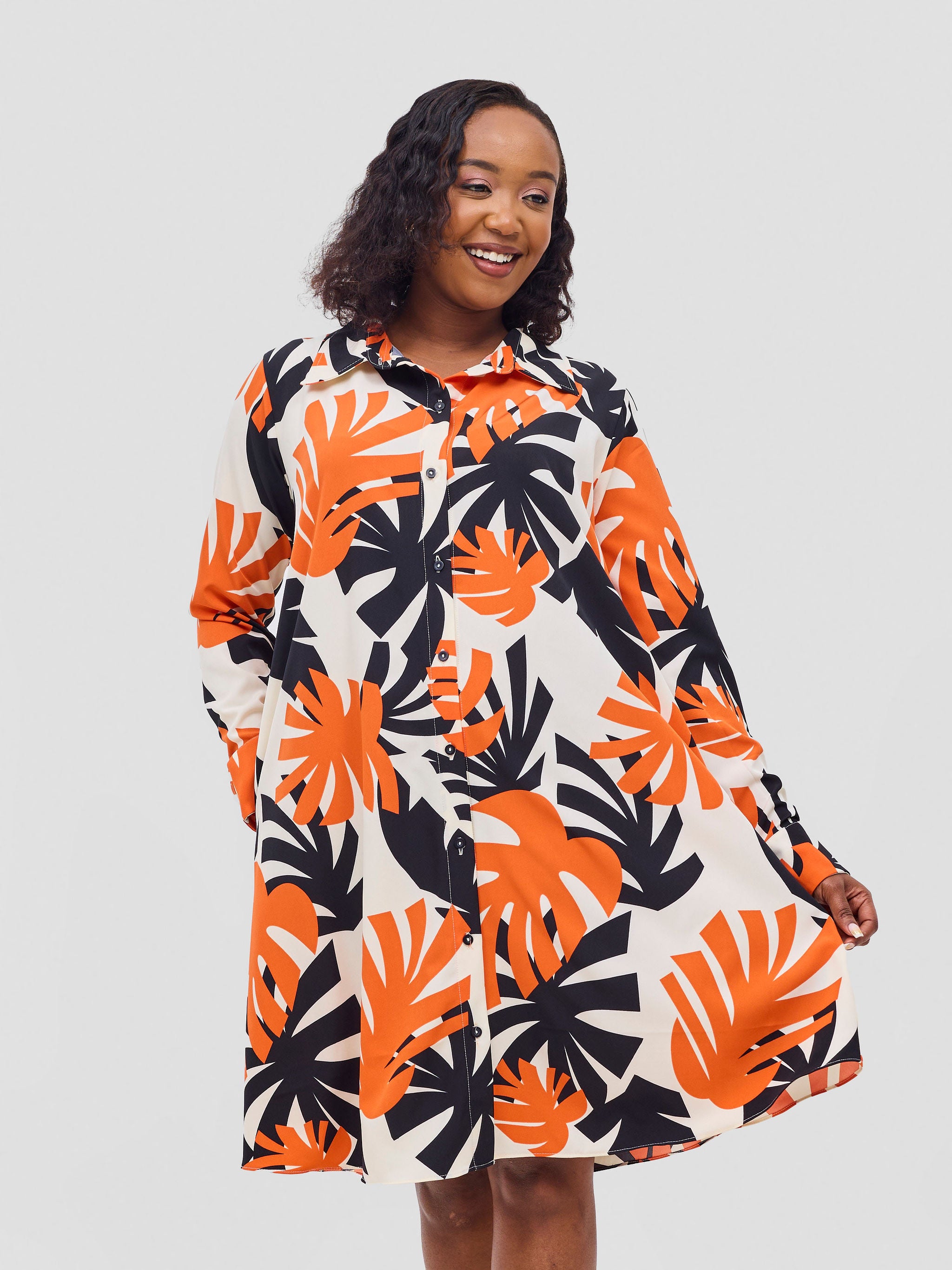 Vivo Basic Long Sleeve Tent Shirt Dress - Cream / Orange Print