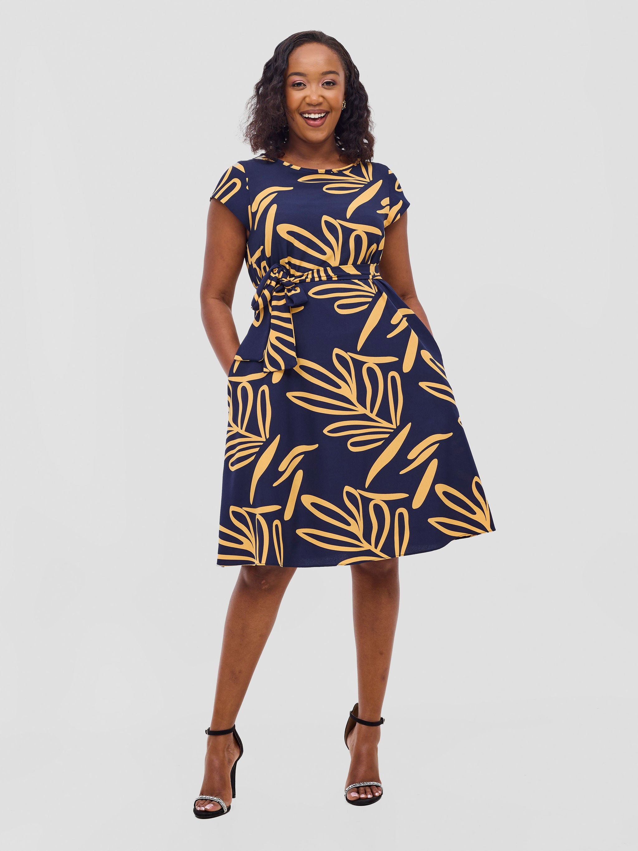 Vivo Basic Cap Sleeve Knee Length Dress - Dark Navy / Mustard Print