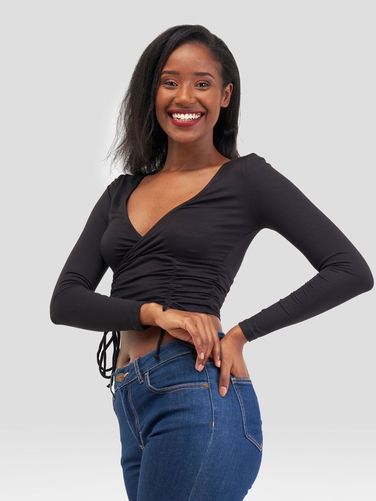 Popular 21 Ruched Surplice Top - Black - Shopzetu