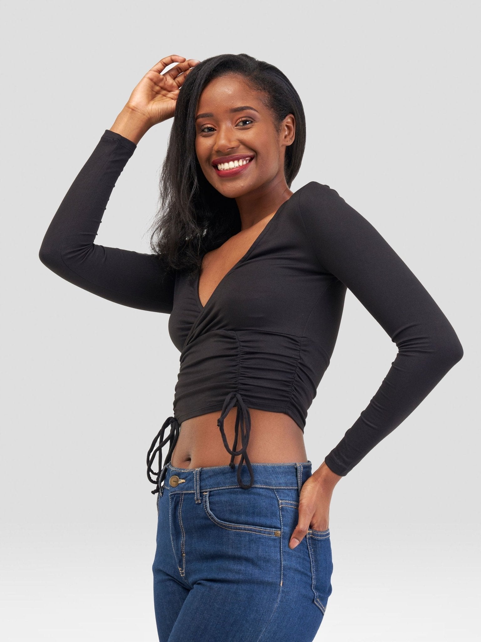 Popular 21 Ruched Surplice Top - Black - Shopzetu