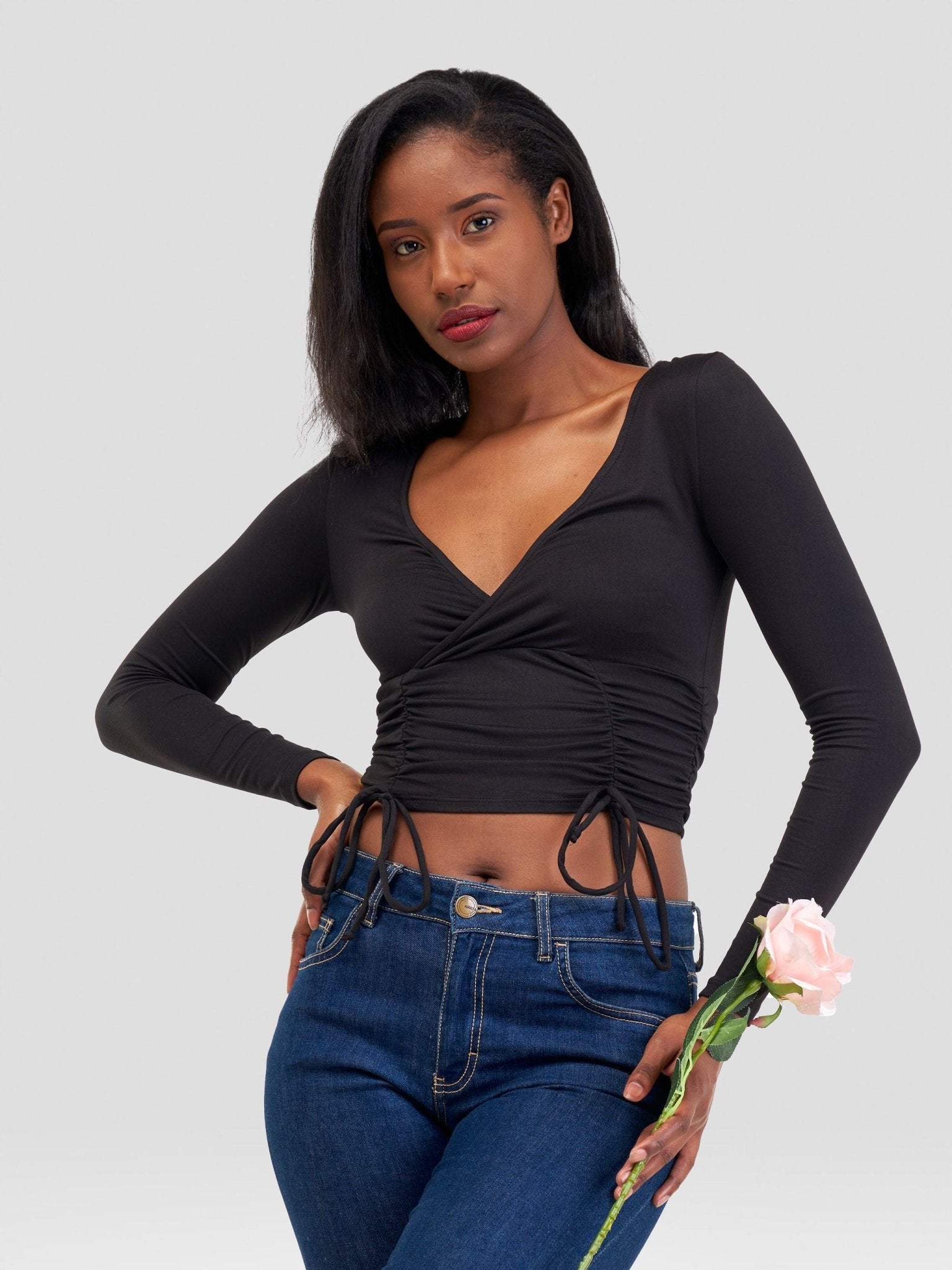 Popular 21 Ruched Surplice Top - Black - Shopzetu