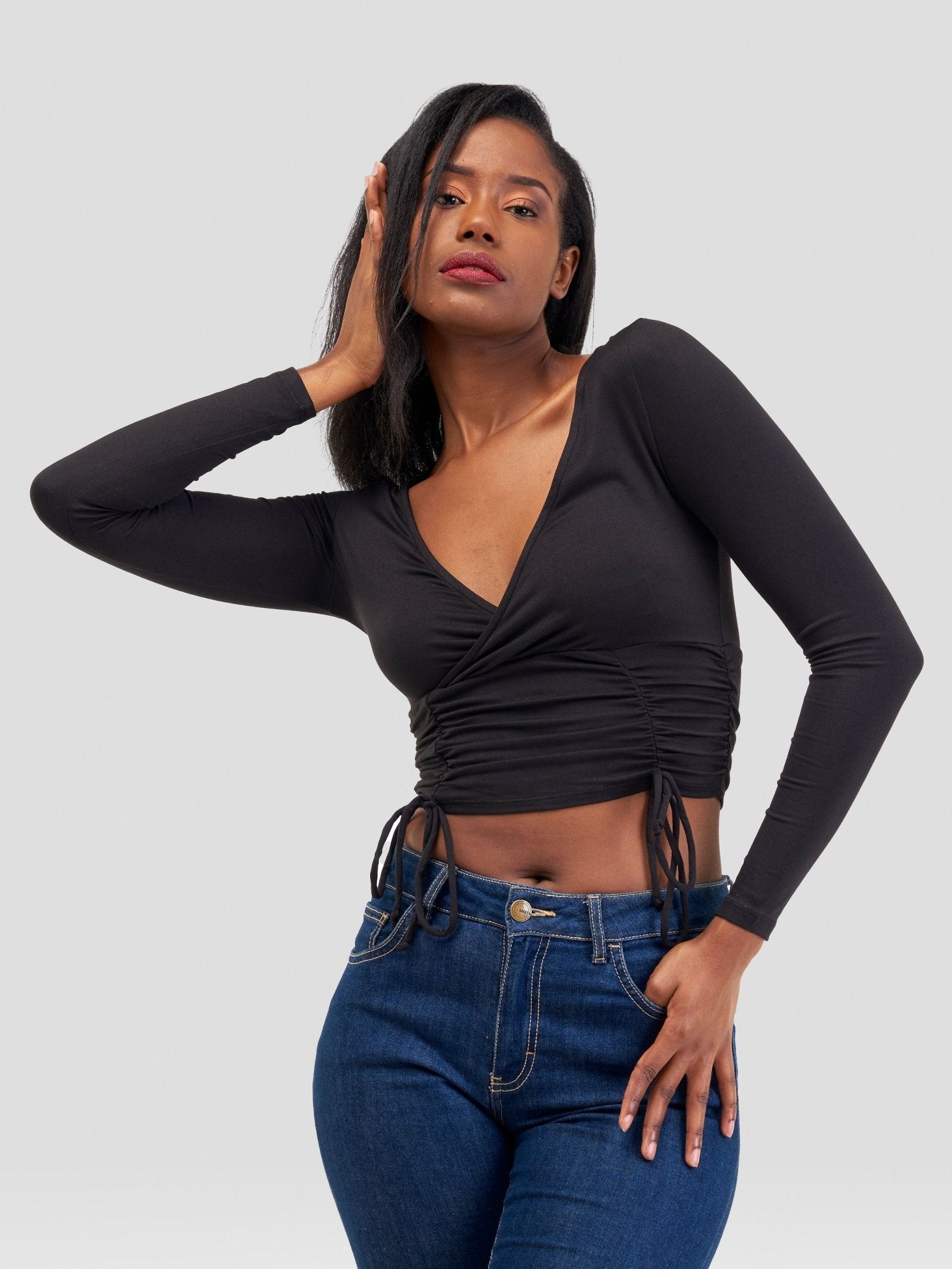 Popular 21 Ruched Surplice Top - Black - Shopzetu