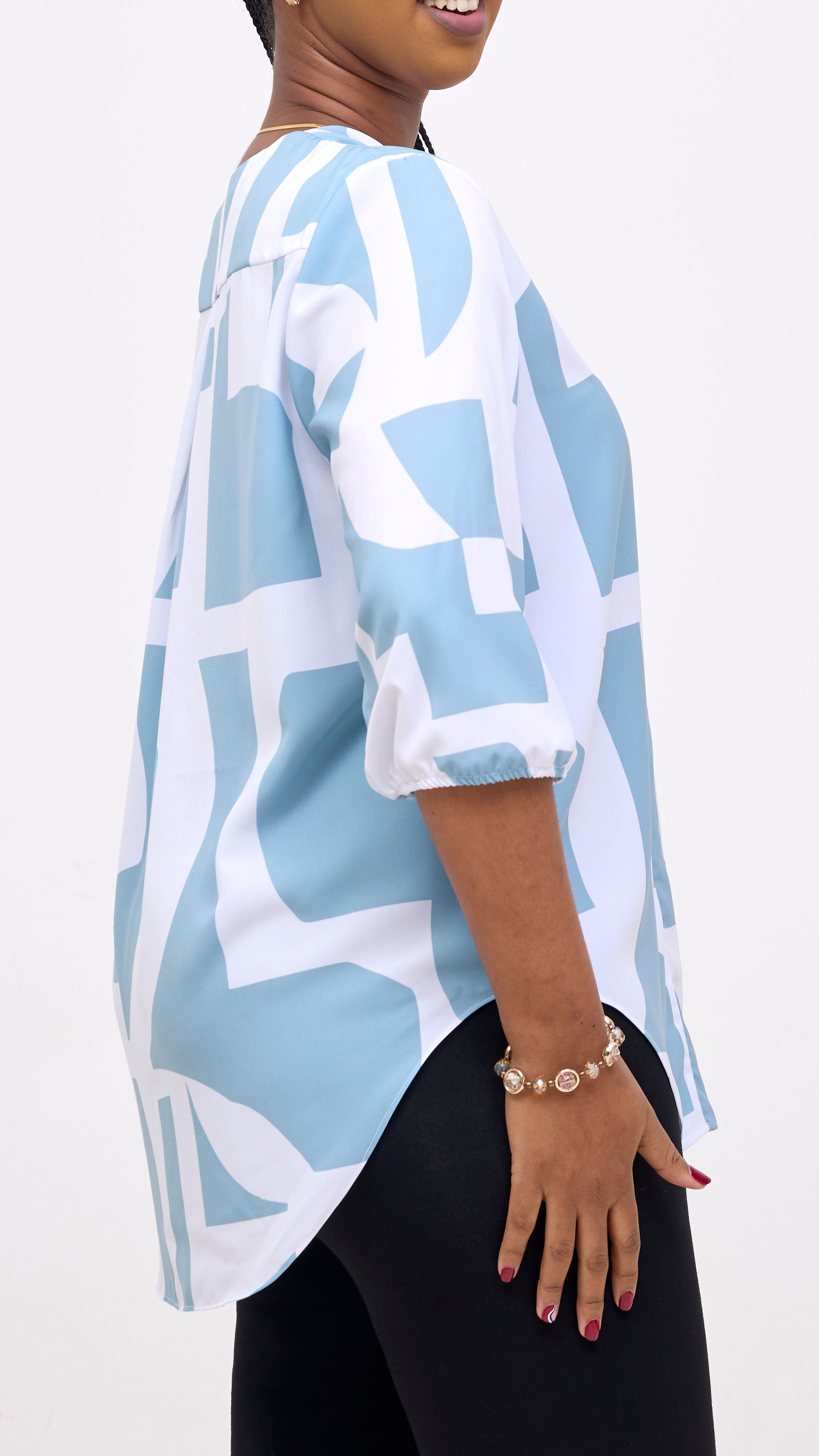 Vivo Dua 3/4 Sleeved V Neck Shirt - White / Mint Dashen Print