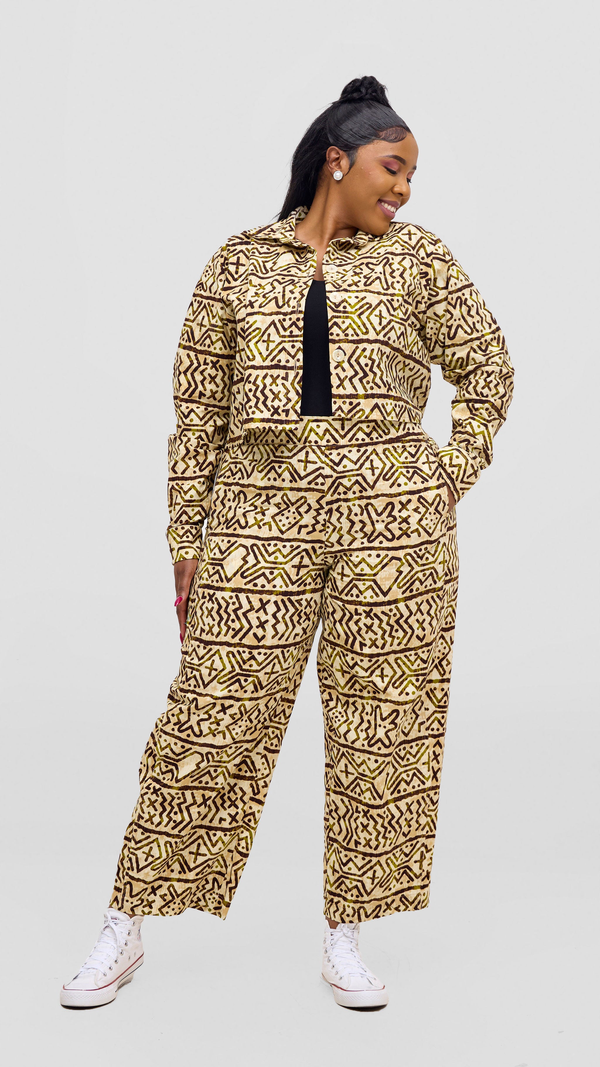 Safari Tara Crop Shacket - Olive / Brown Khoi Print