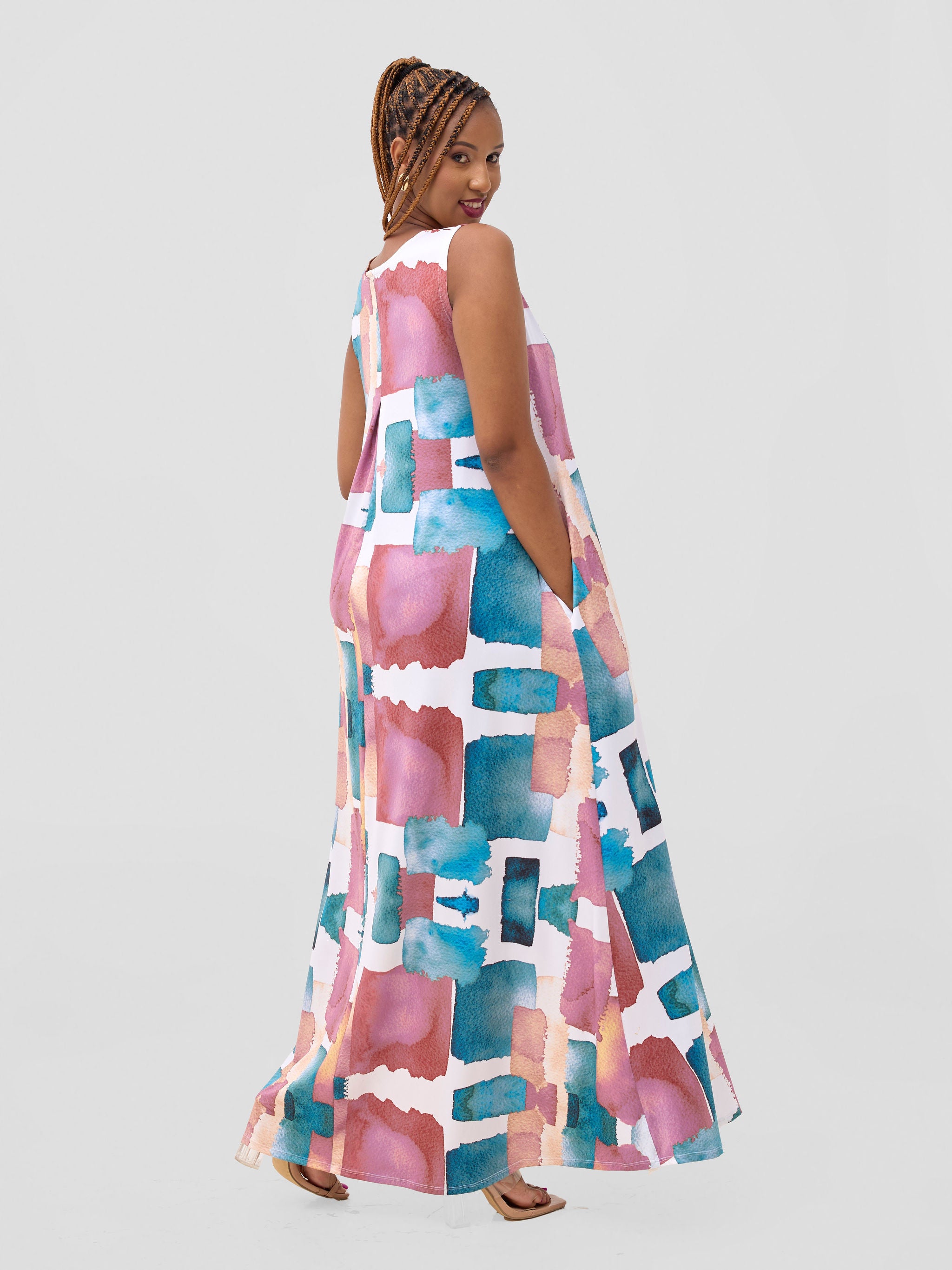 Vivo Lumi Back Pleat Maxi Dress - Turquoise / Pink Wenzi Print