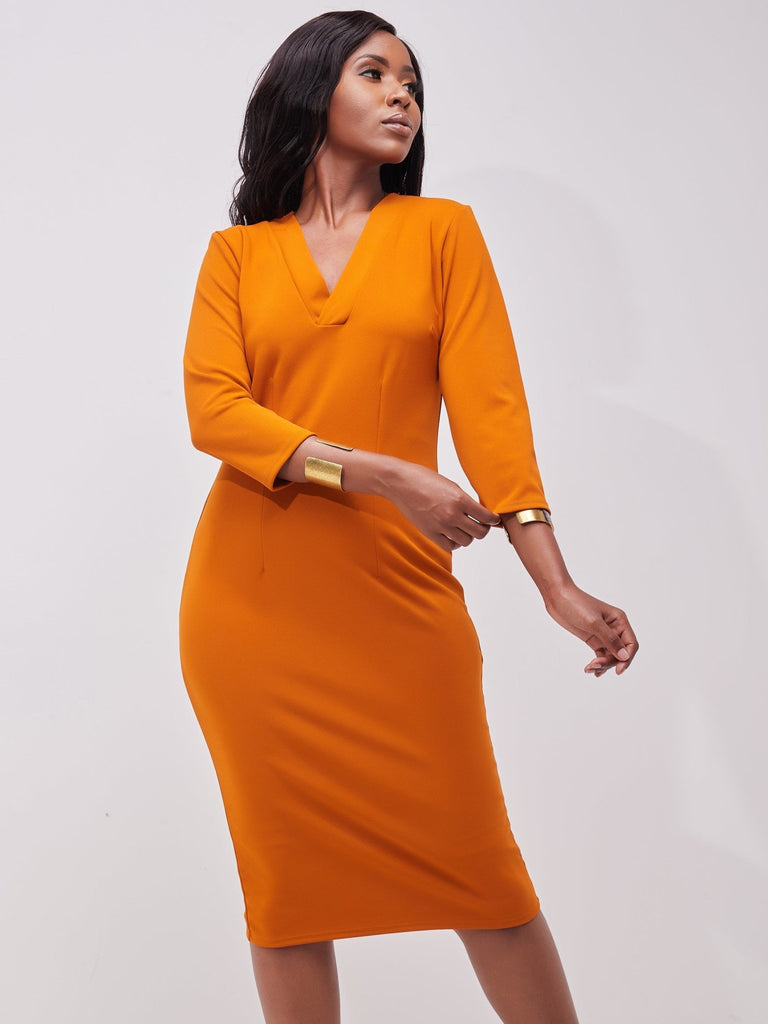 Vivo J.O V-Neck Sheath Dress - Light Mustard - Shopzetu