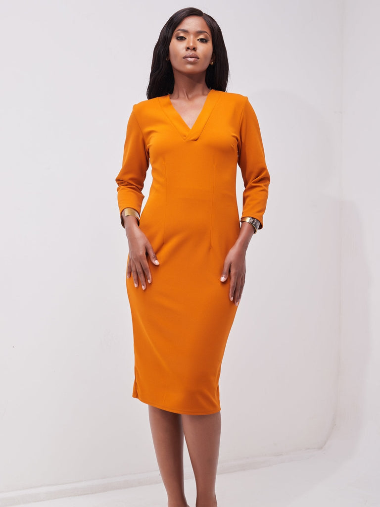 Vivo J.O V-Neck Sheath Dress - Light Mustard - Shopzetu