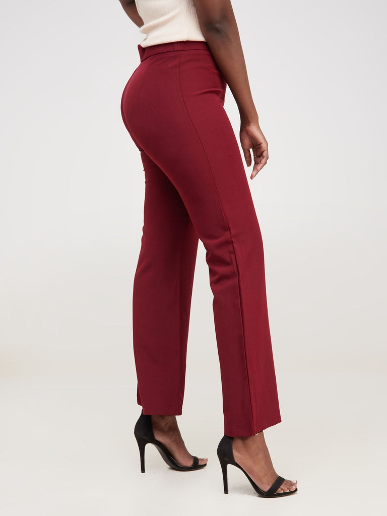 Anika Boot-Cut Dress Pants With Zipper on the Side - Dark Red - Shopzetu