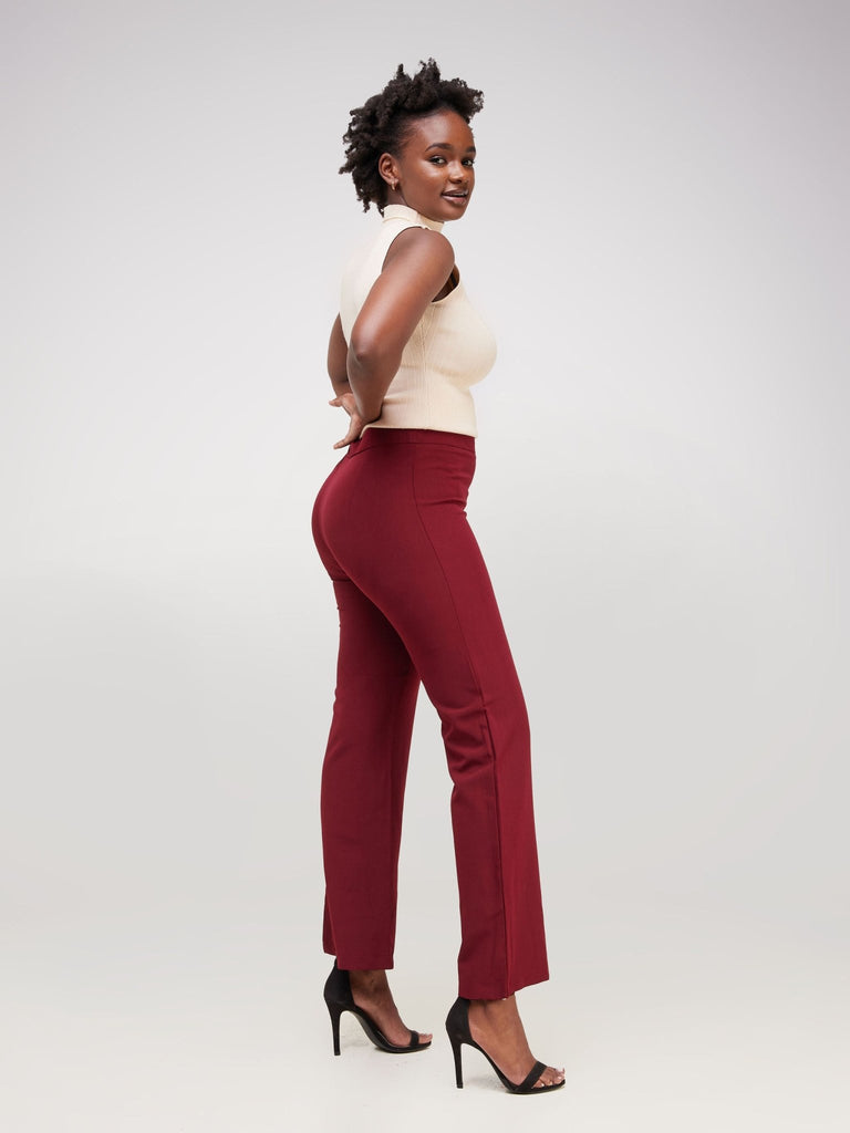 Anika Boot-Cut Dress Pants With Zipper on the Side - Dark Red - Shopzetu