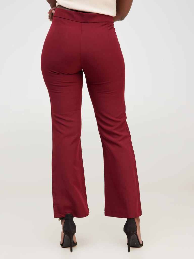 Anika Boot-Cut Dress Pants With Zipper on the Side - Dark Red - Shopzetu