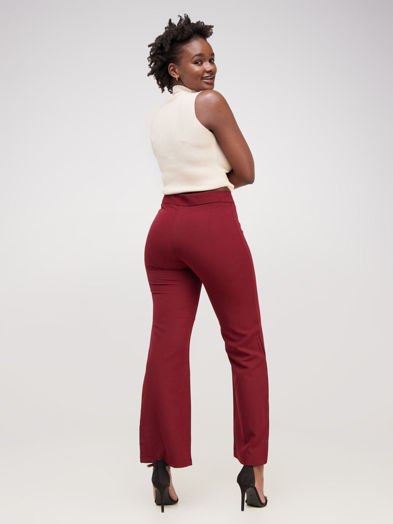 Anika Boot-Cut Dress Pants With Zipper on the Side - Dark Red - Shopzetu